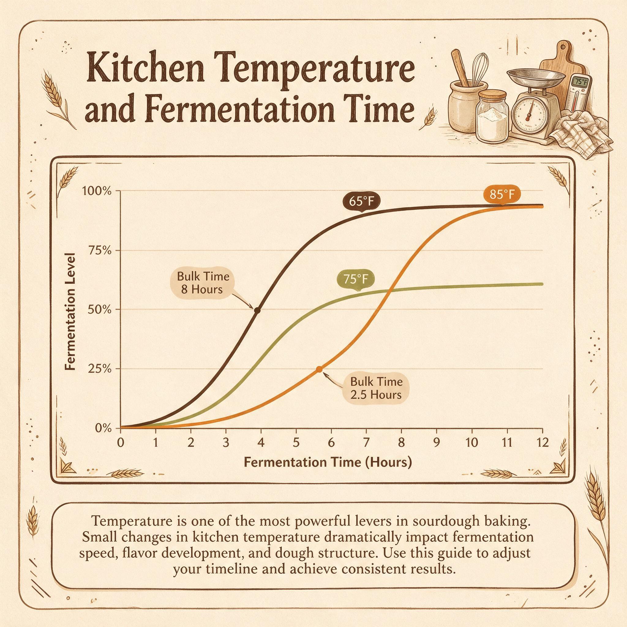 A chart infographic titled 'Kitchen Temperature and Fermentation Time' showing 3 curves at 65°F, 75°F, 85°F