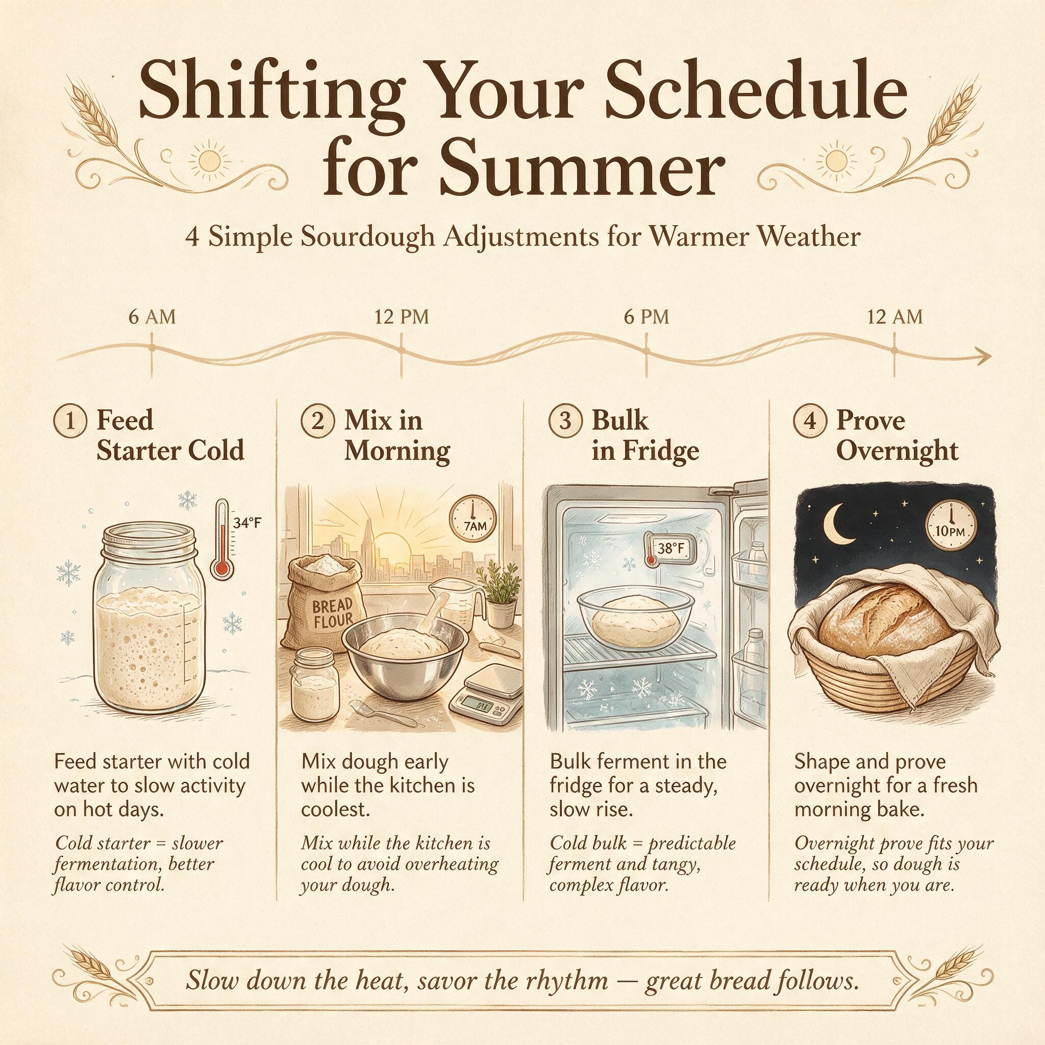 An infographic titled 'Shifting Your Schedule for Summer' showing 4 schedule adjustments: feed starter cold, mix in morn