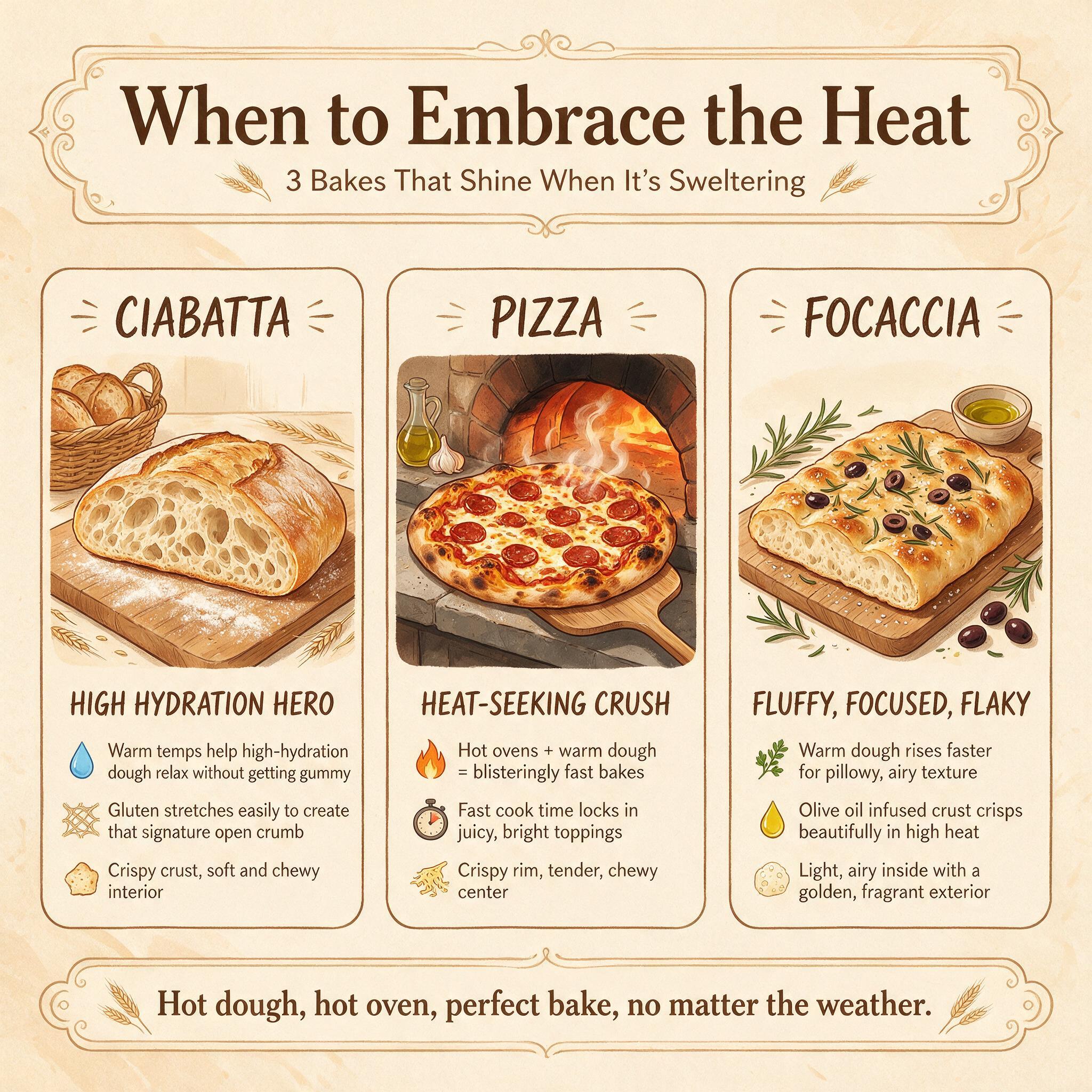An infographic titled 'When to Embrace the Heat' showing 3 situations: ciabatta, pizza, focaccia