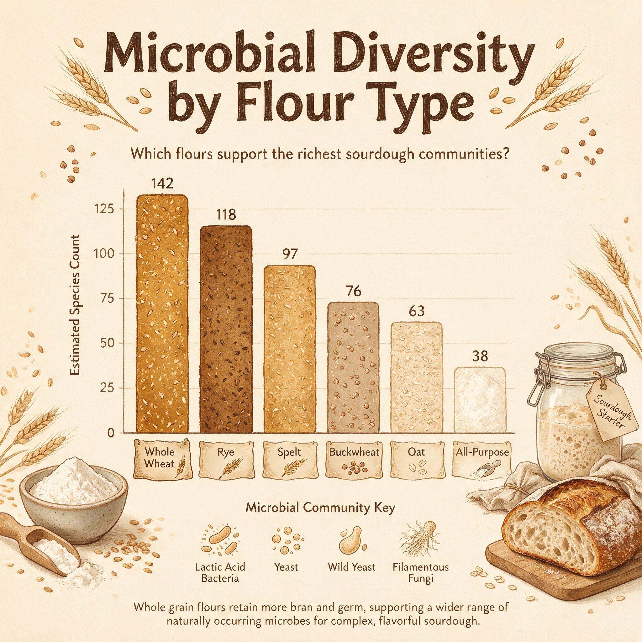 A chart infographic titled 'Microbial Diversity by Flour Type' showing bar chart of species count by flour