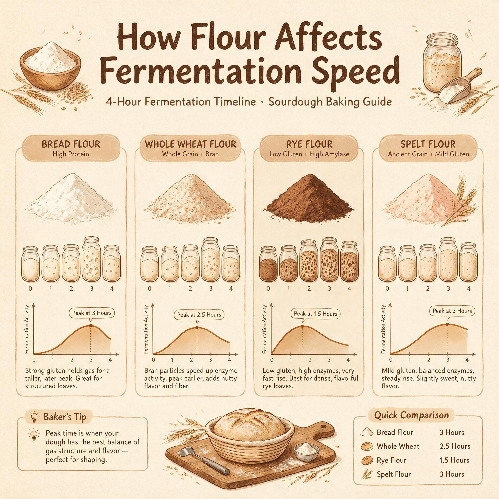 An infographic titled 'How Flour Affects Fermentation Speed' showing 4 flour types with 4-hour timeline of fermentation 