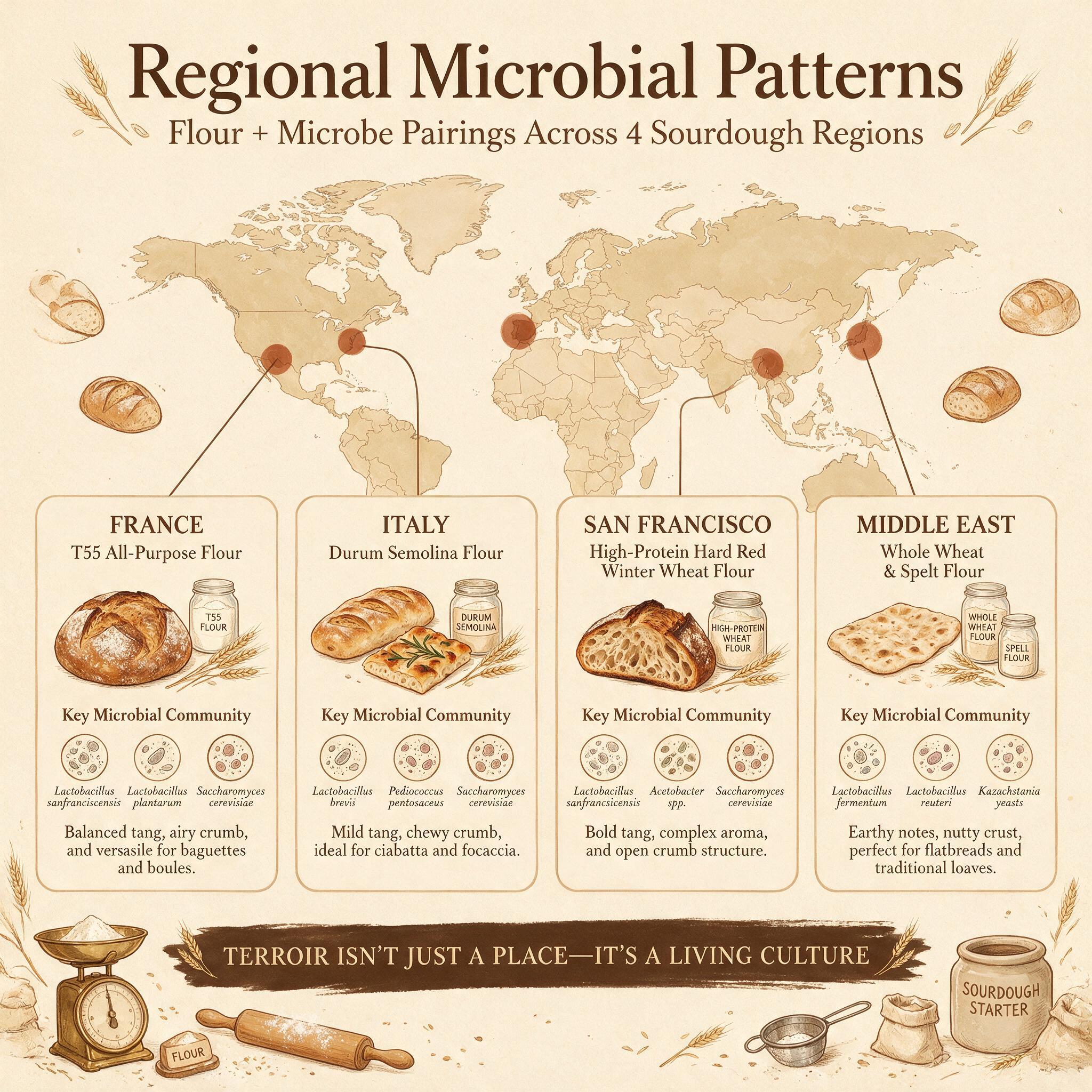 An infographic titled 'Regional Microbial Patterns' showing 4 world regions with their characteristic flour-microbial pa