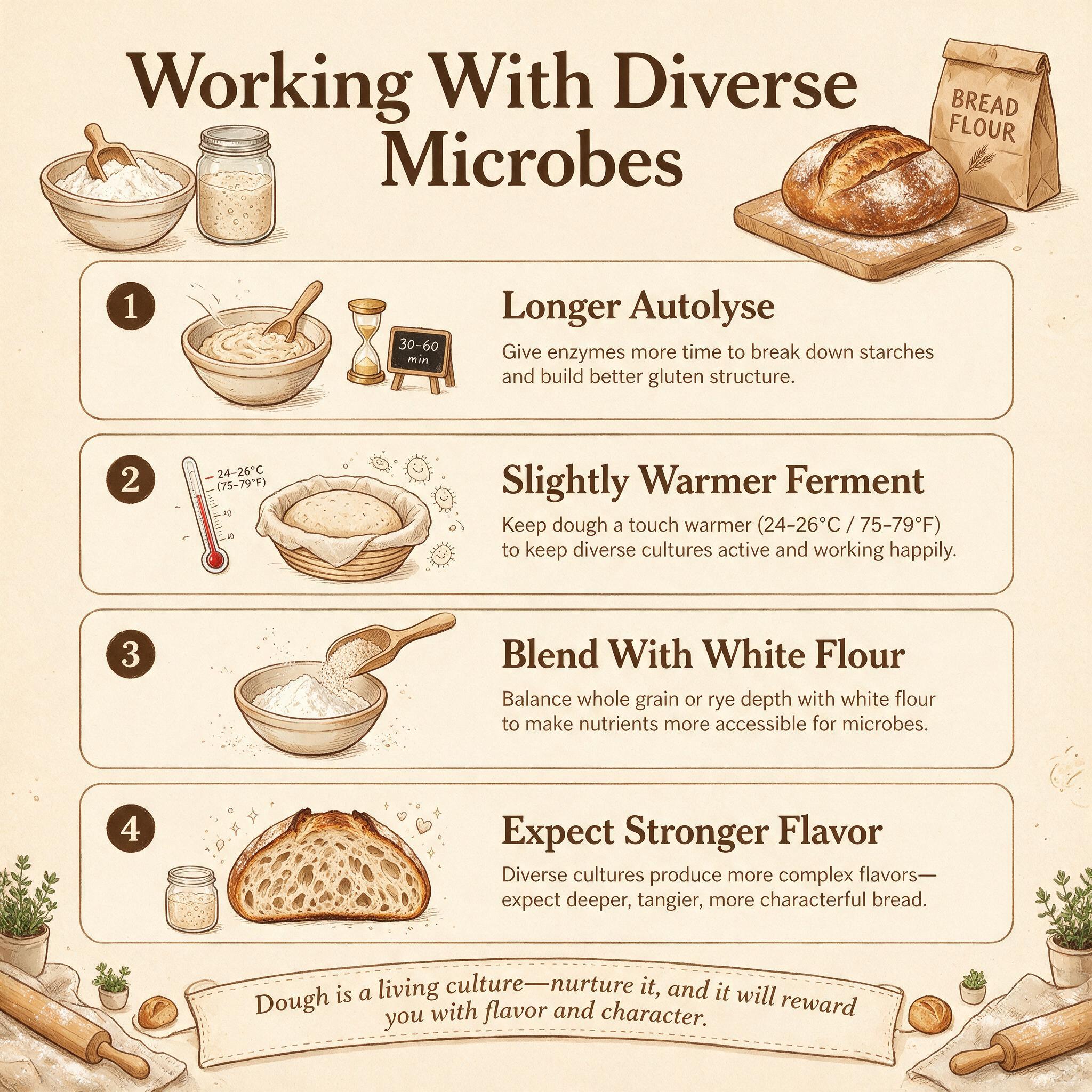 A tips infographic titled 'Working With Diverse Microbes' showing 4 practical tips: longer autolyse, slightly warmer fer