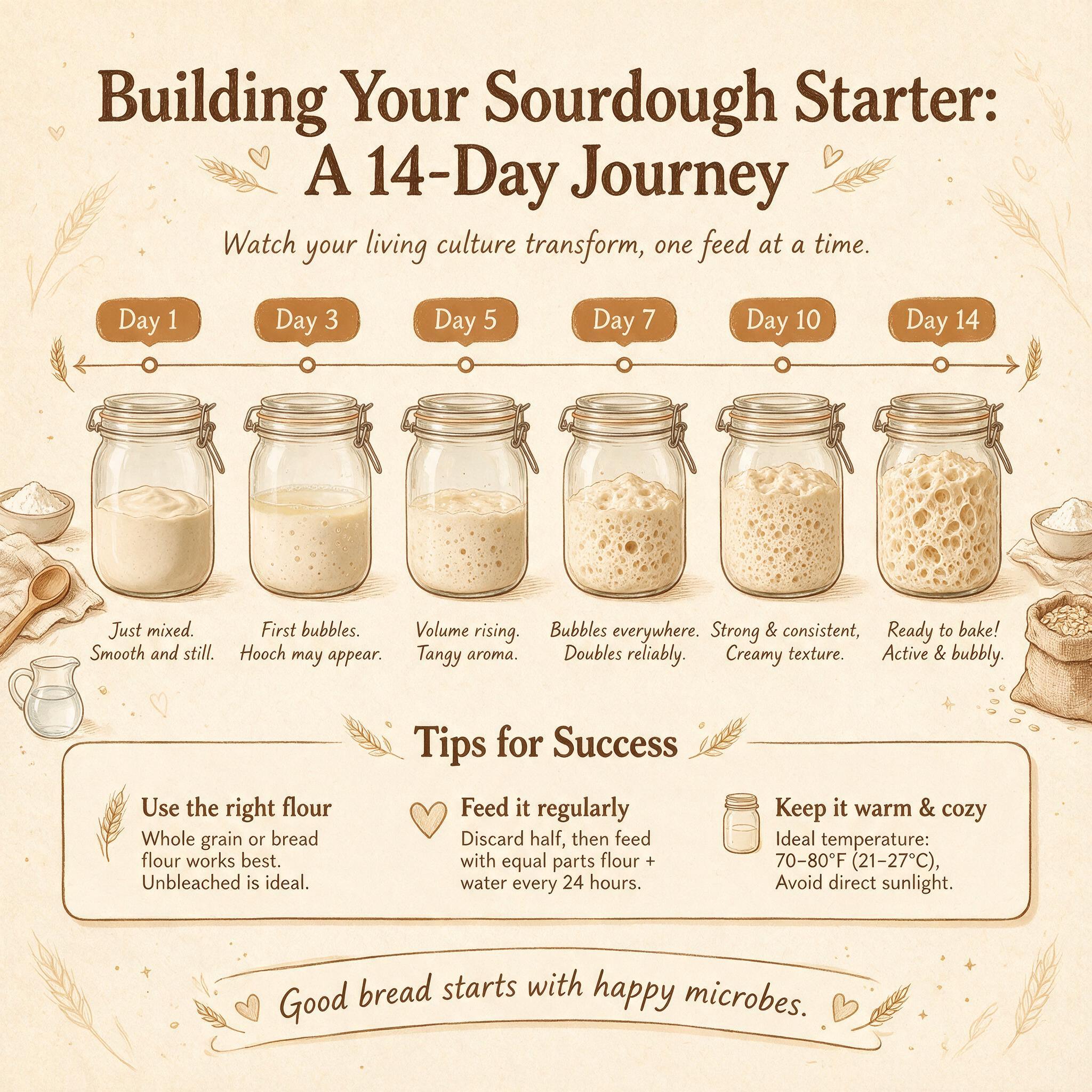 An infographic titled 'Building Your Sourdough Starter: A 14-Day Journey' showing a horizontal timeline with day 1, 3, 5