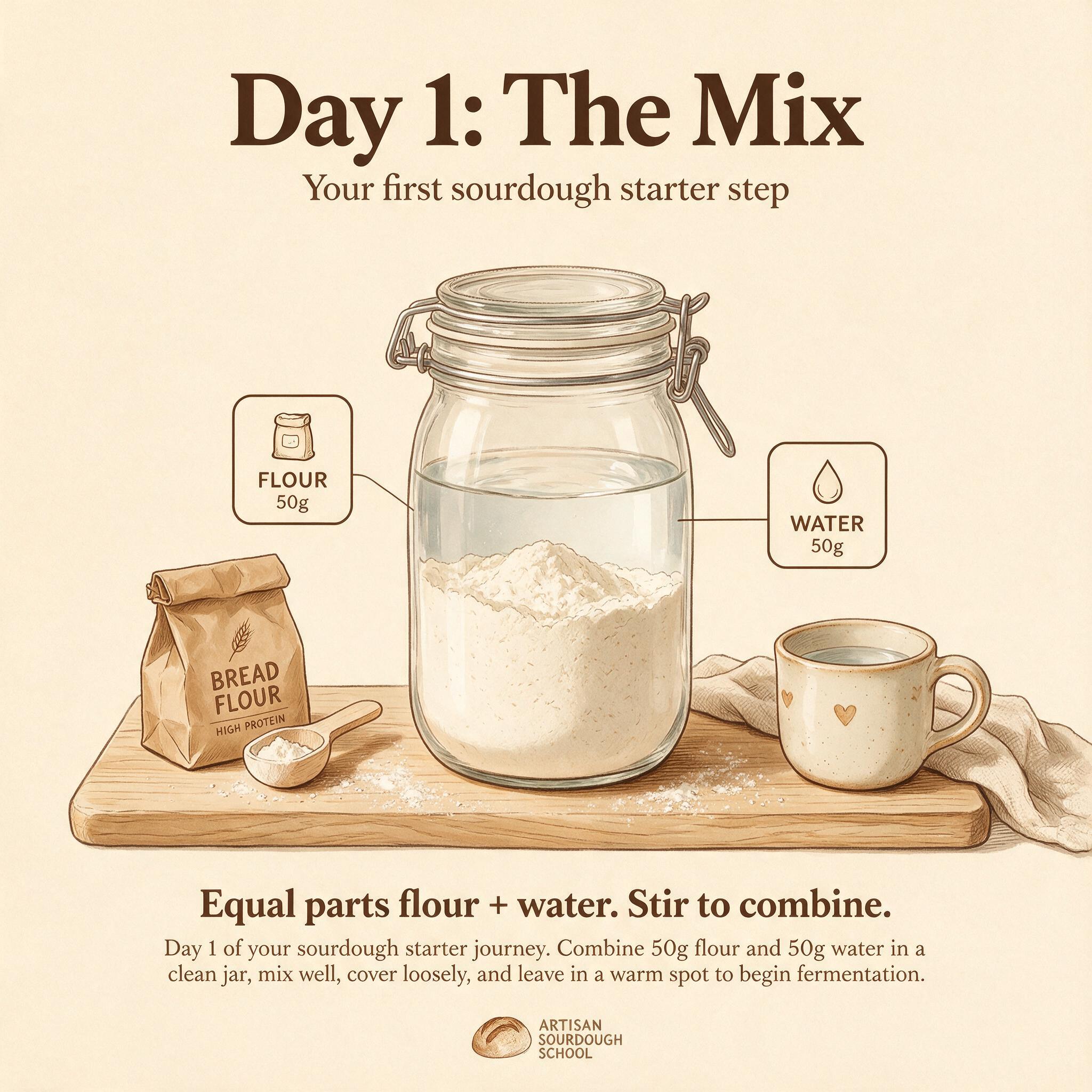 An infographic titled 'Day 1: The Mix' showing an illustrated jar with flour and water