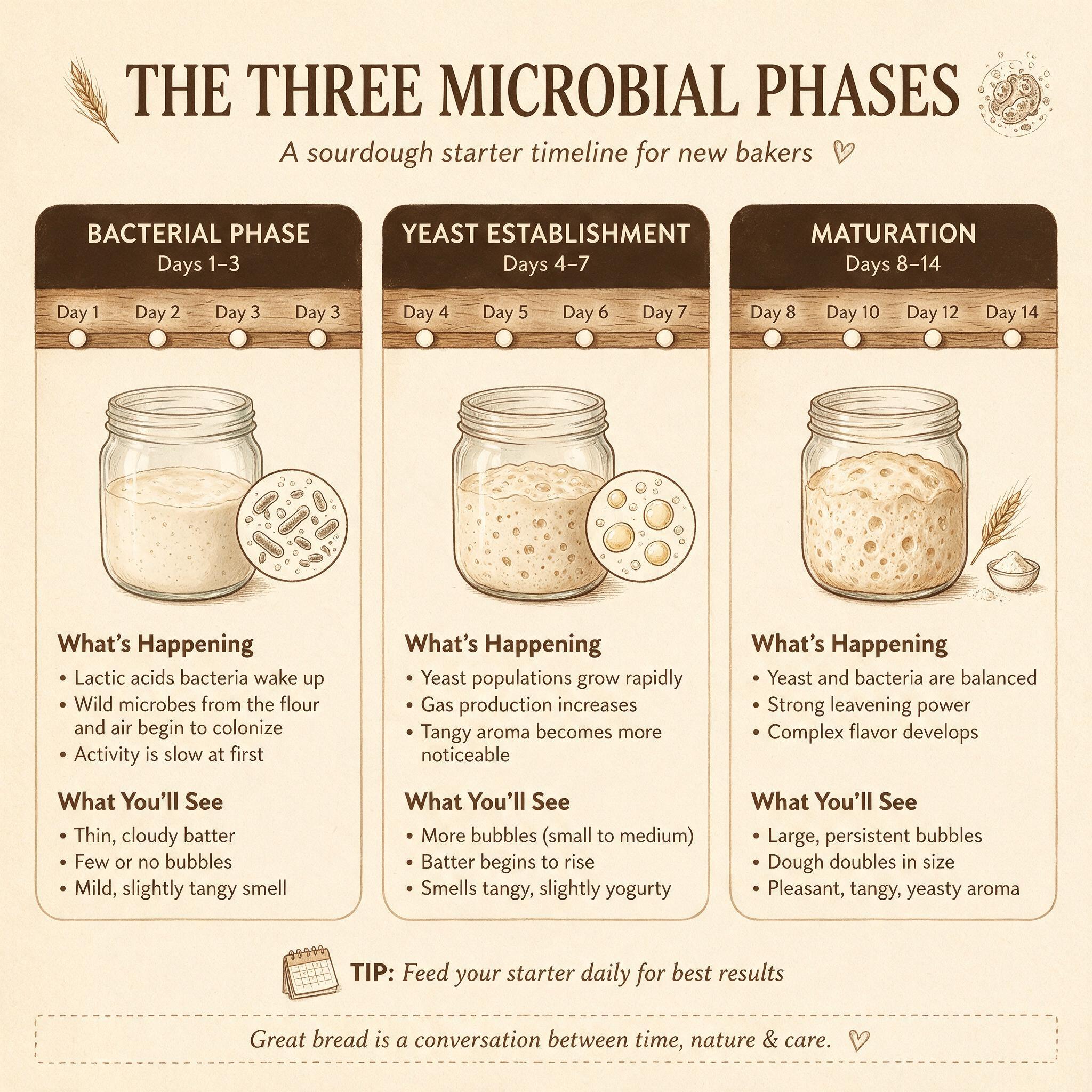 A phase infographic titled 'The Three Microbial Phases' showing 3 labeled panels: Bacterial Phase (Days 1-3), Yeast Esta