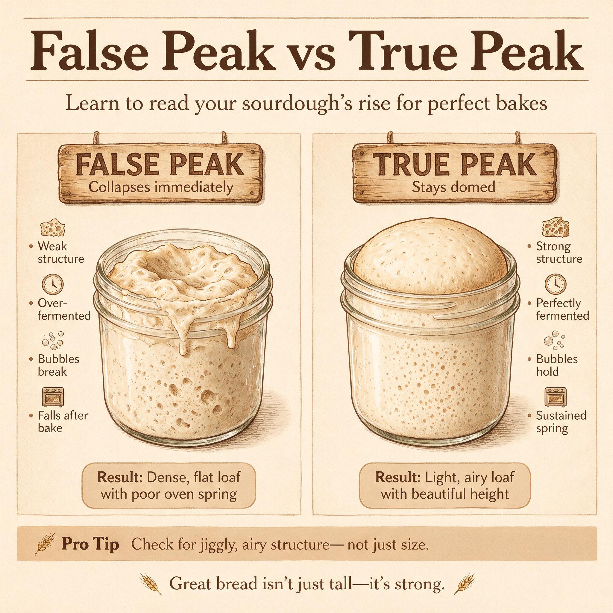 An infographic titled 'False Peak vs True Peak' showing two jars side by side