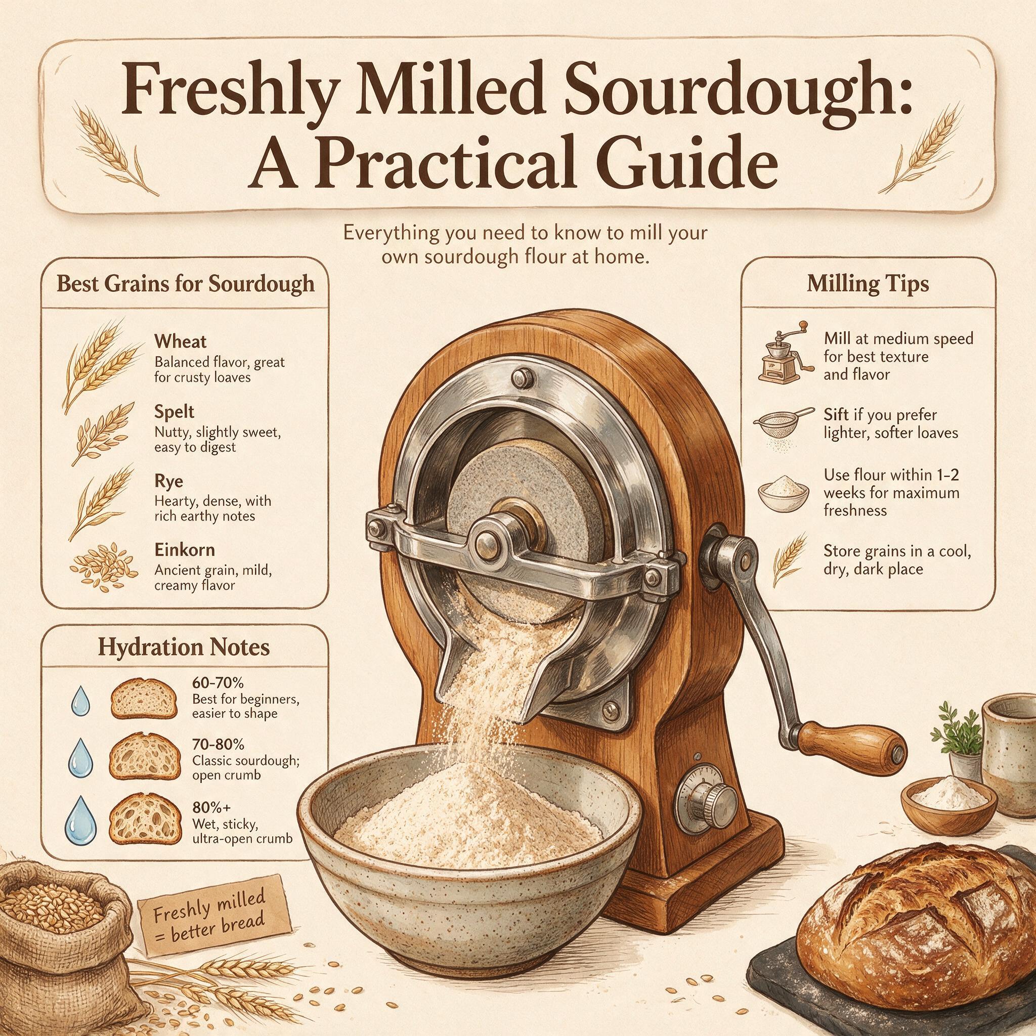 An infographic titled 'Freshly Milled Sourdough: A Practical Guide' showing a hand mill illustration with fresh flour st