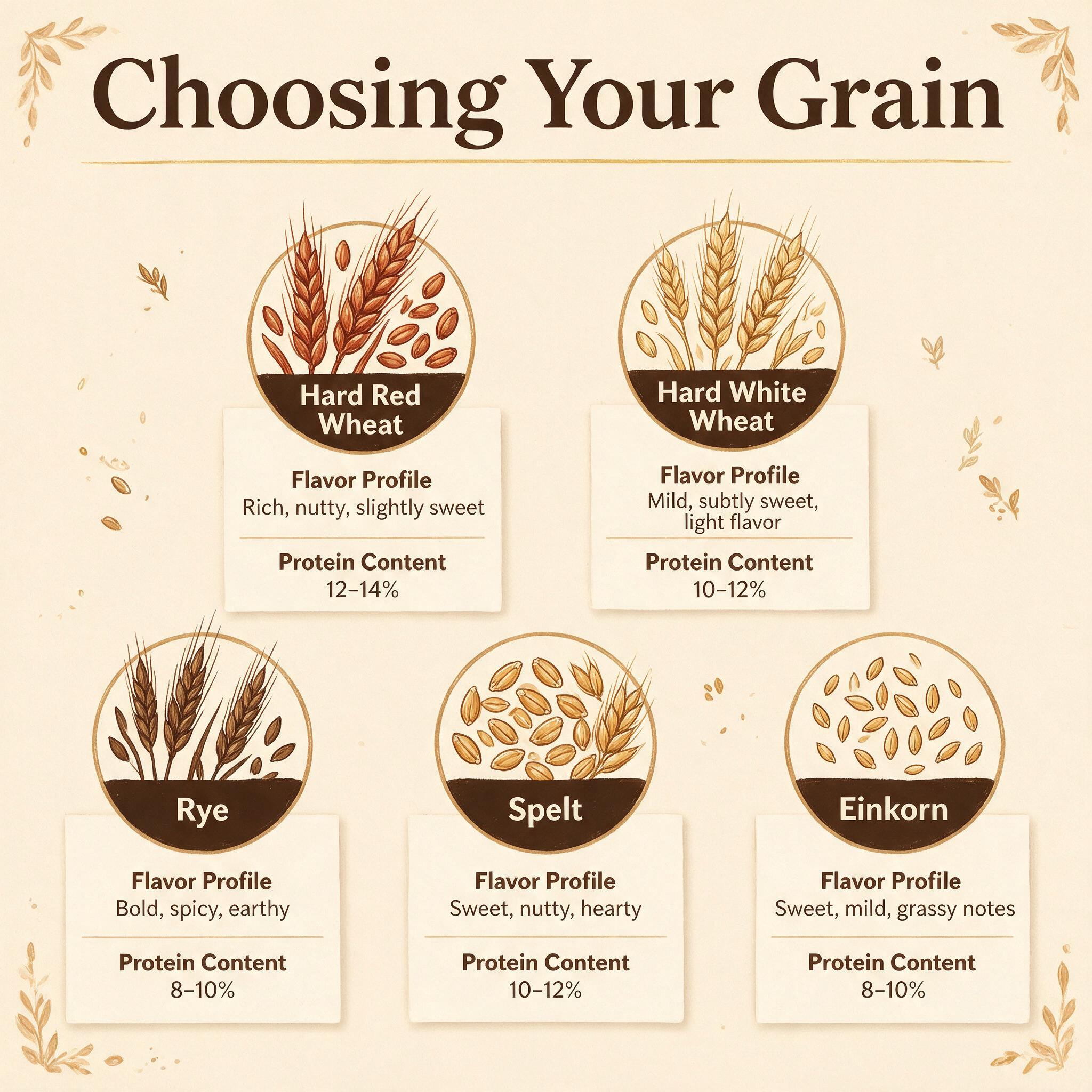 An infographic titled 'Choosing Your Grain' showing 5 grain options in labeled circles: hard red wheat, hard white wheat