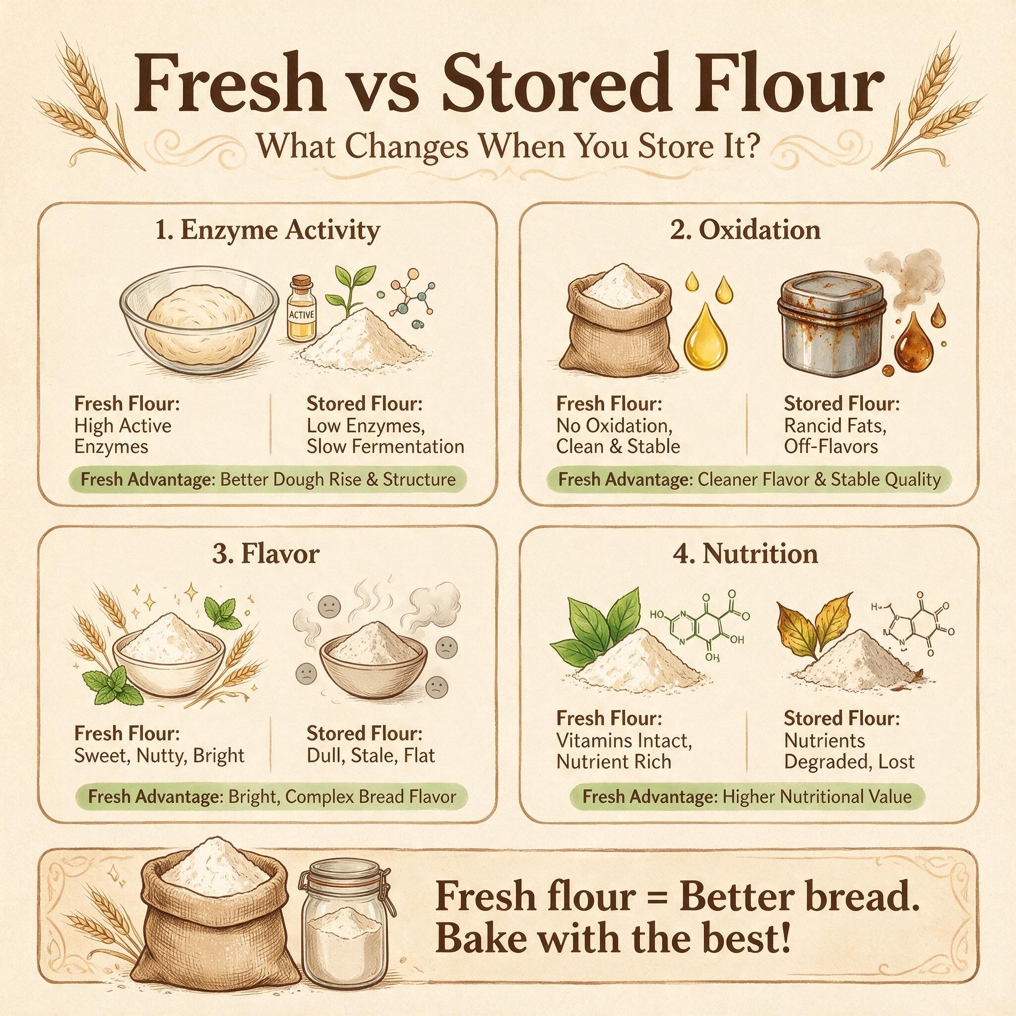 A chart infographic titled 'Fresh vs Stored Flour' comparing 4 metrics: enzyme activity, oxidation, flavor, nutrition