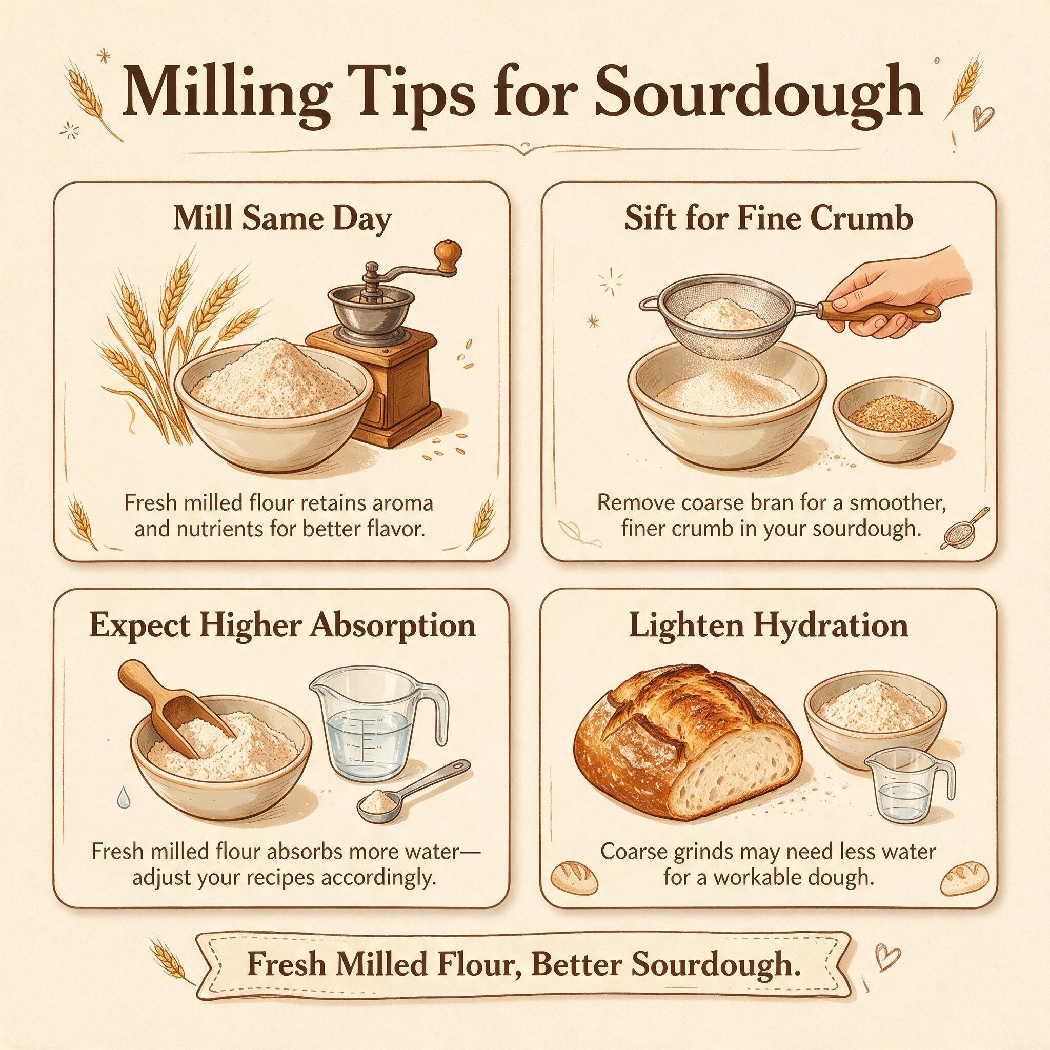 An infographic titled 'Milling Tips for Sourdough' showing 4 illustrated tips: mill same day, sift for fine crumb, expec