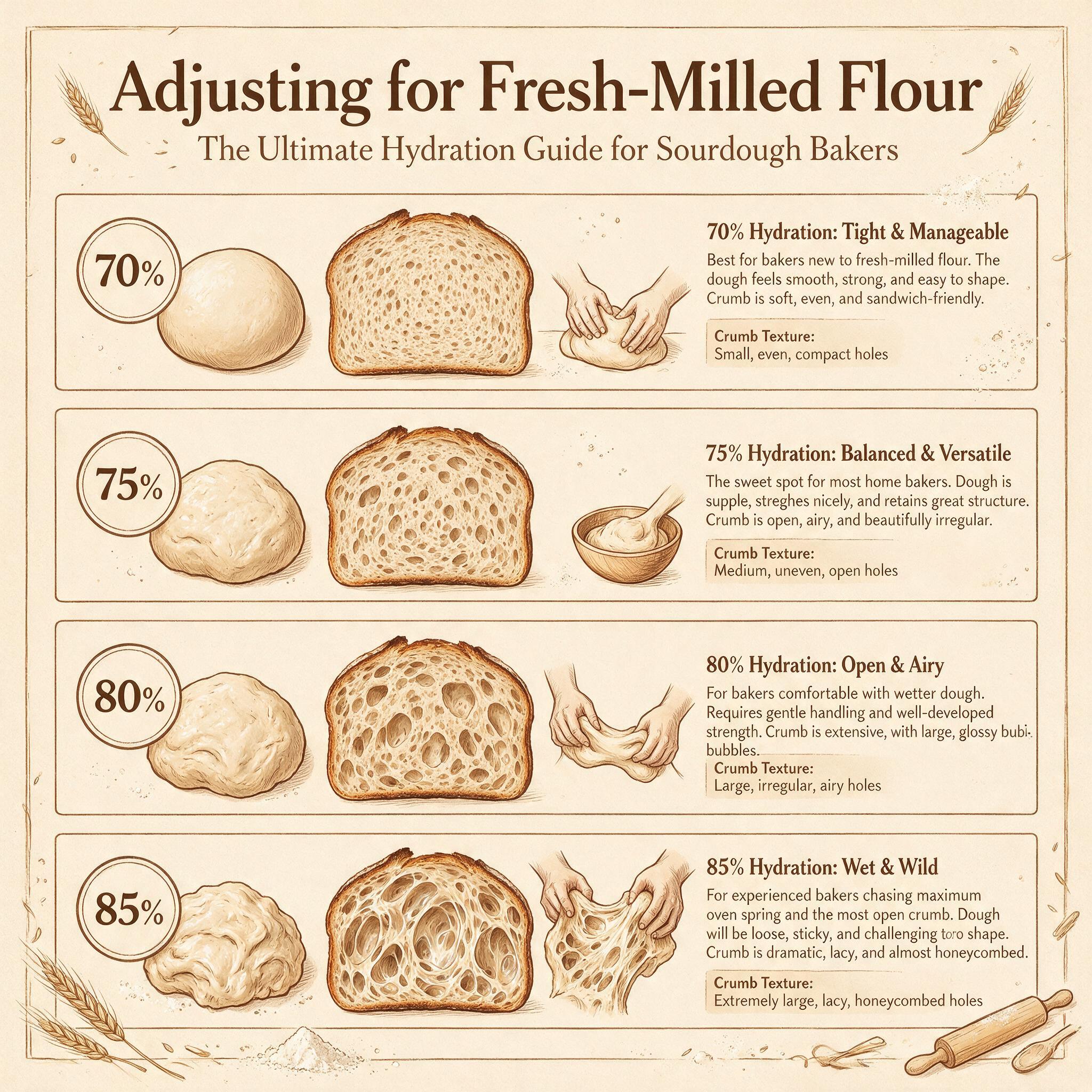 A hydration infographic titled 'Adjusting for Fresh-Milled Flour' showing 4 hydration levels: 70%, 75%, 80%, 85%