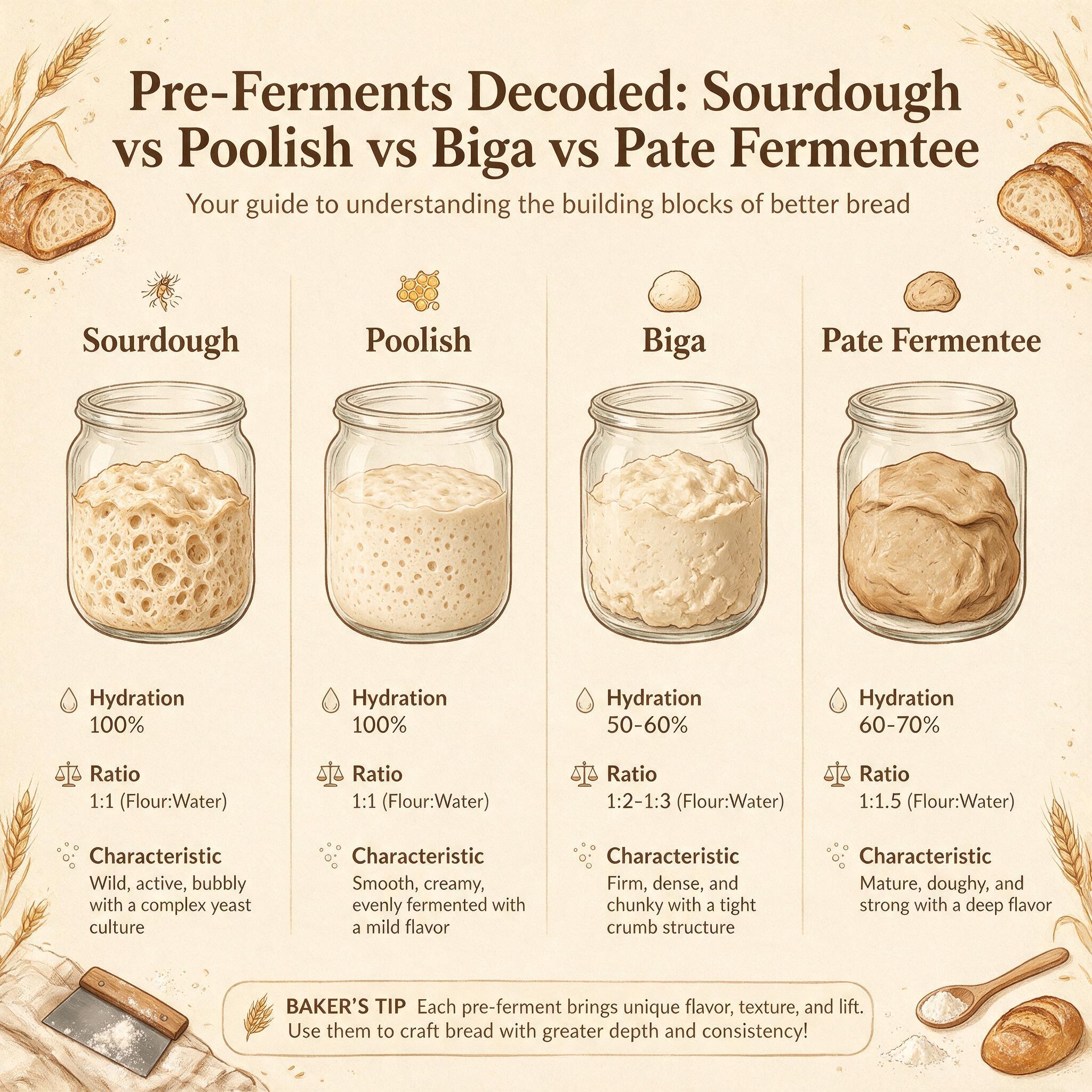 An infographic titled 'Pre-Ferments Decoded: Sourdough vs Poolish vs Biga vs Pate Fermentee' showing 4 illustrated jars 