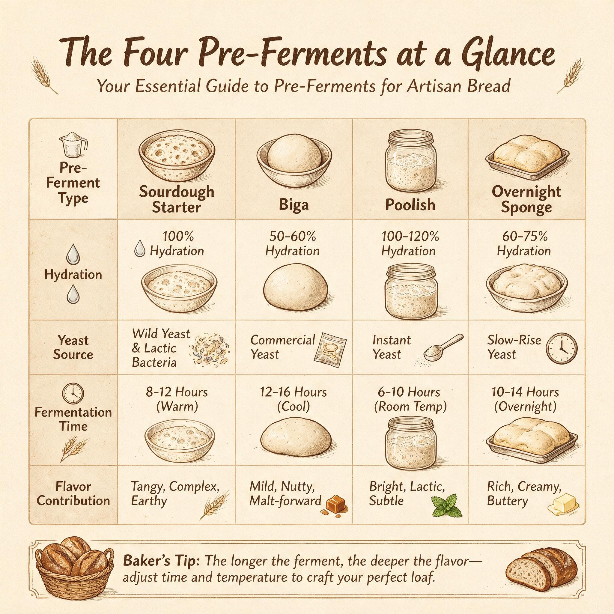 A comparison chart infographic titled 'The Four Pre-Ferments at a Glance' with rows: hydration, yeast source, fermentati