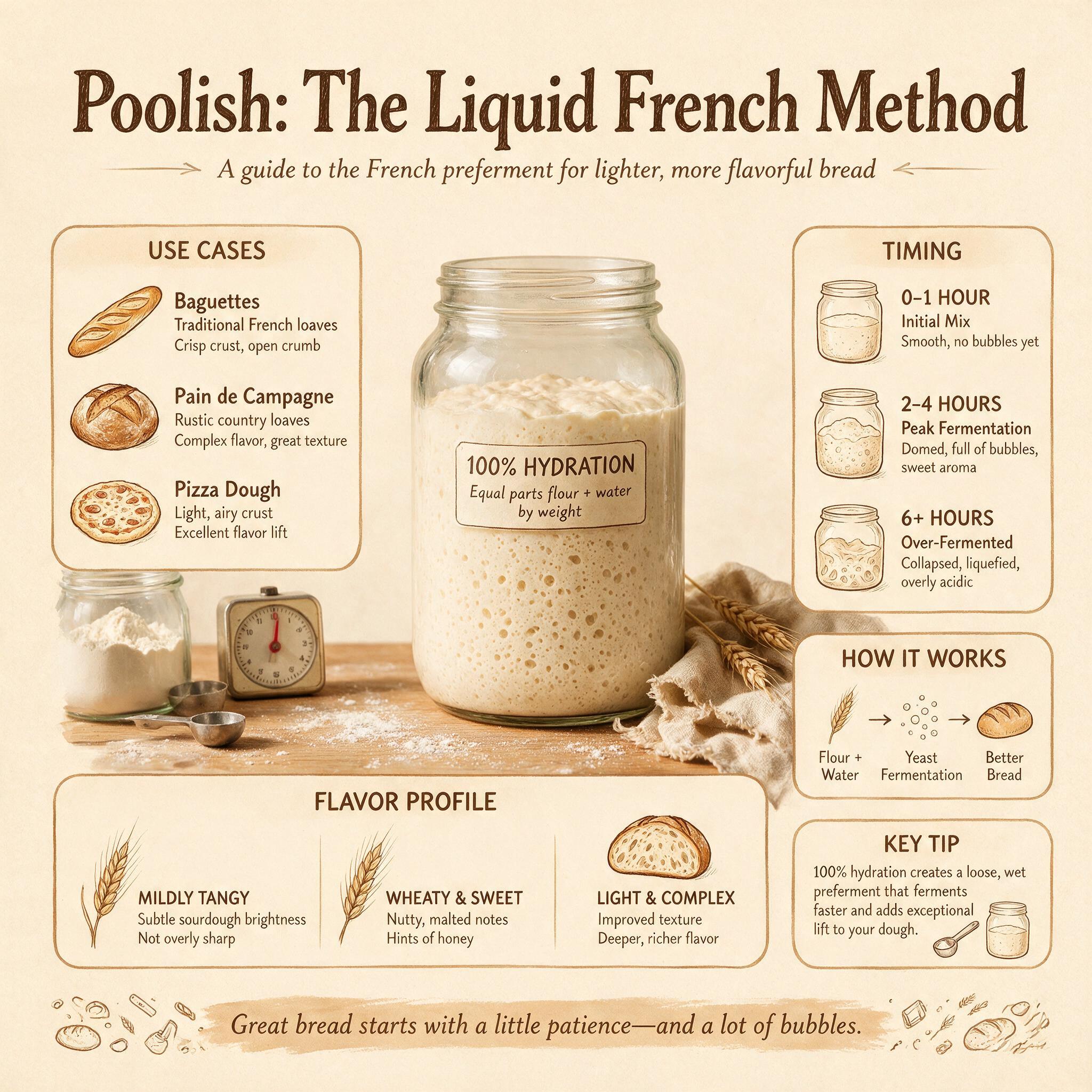 An infographic titled 'Poolish: The Liquid French Method' showing an illustrated jar with 100% hydration