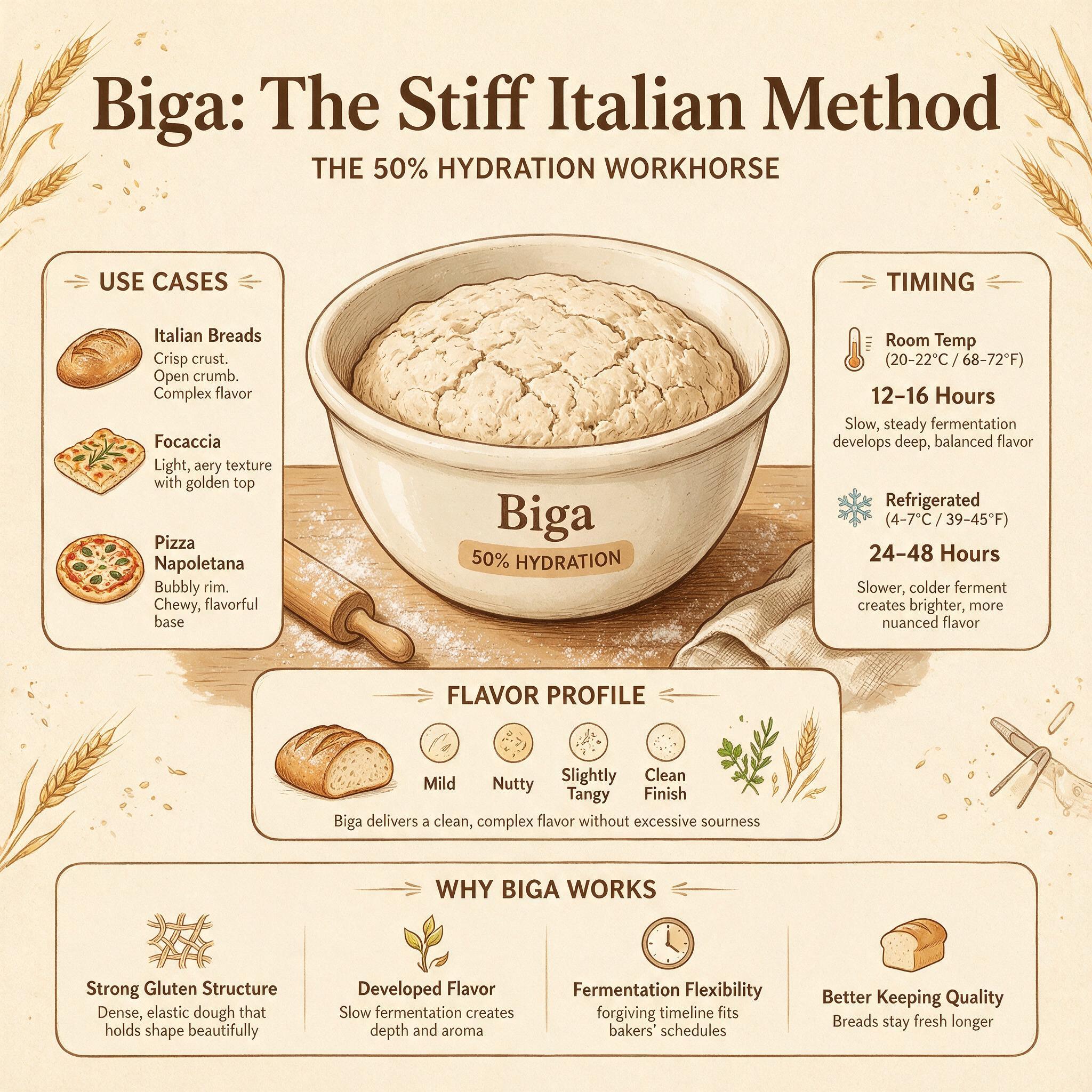 An infographic titled 'Biga: The Stiff Italian Method' showing an illustrated bowl with 50% hydration