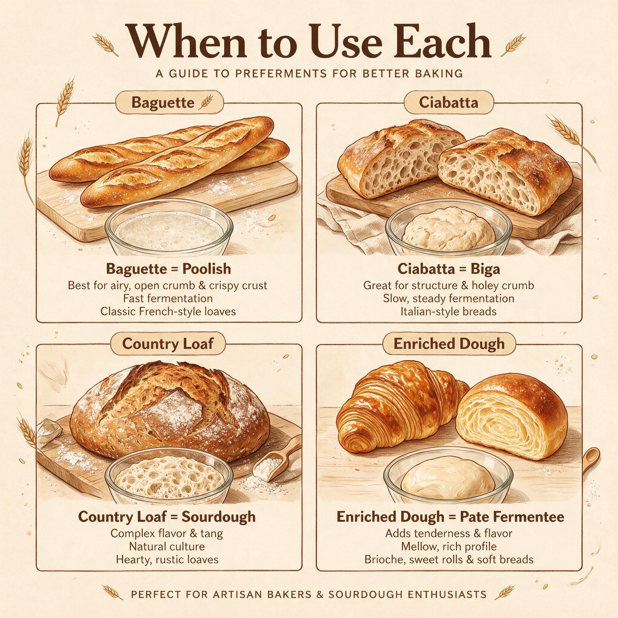 An infographic titled 'When to Use Each' showing 4 baked goods with ideal pre-ferment: baguette (poolish), ciabatta (big