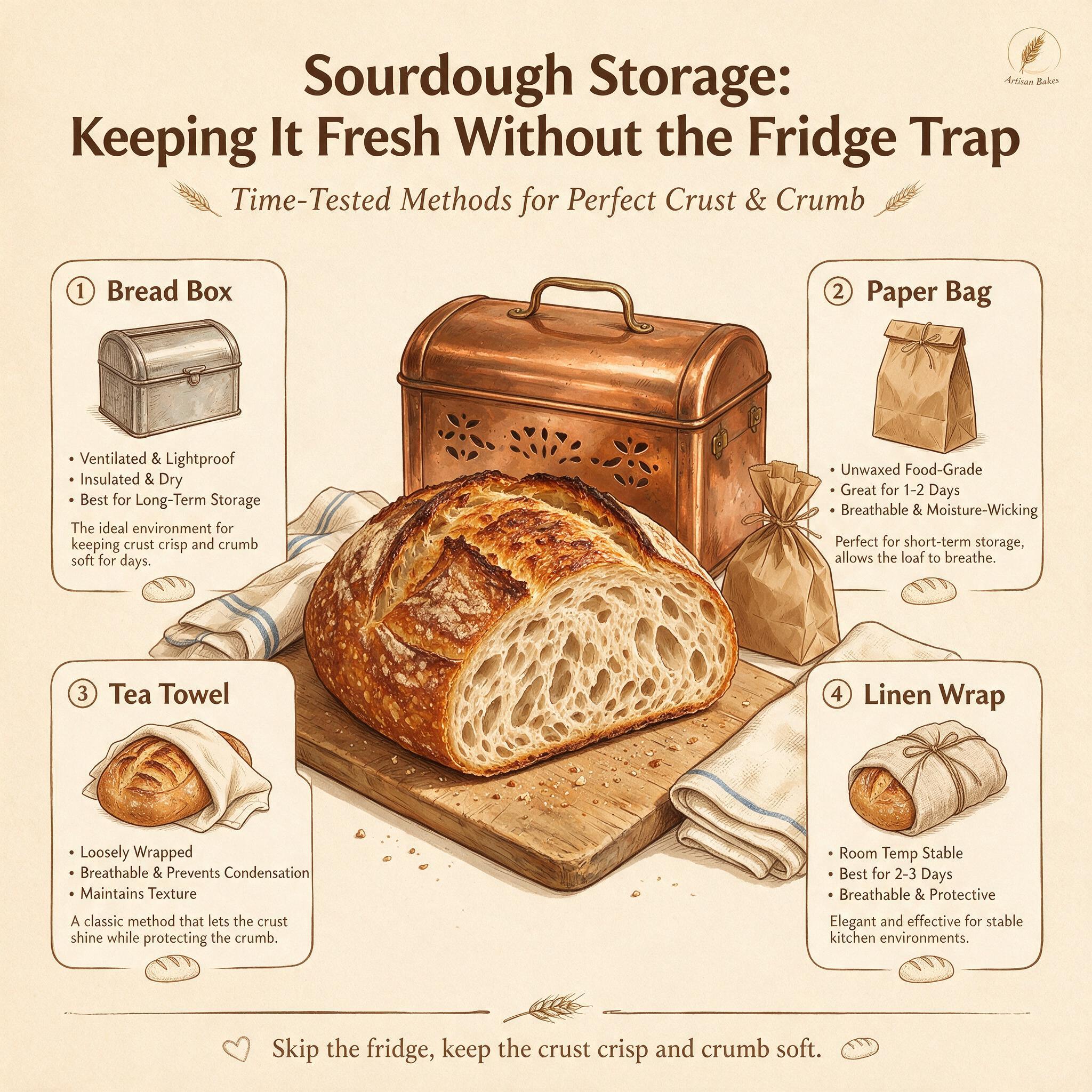An infographic titled 'Sourdough Storage: Keeping It Fresh Without the Fridge Trap' showing a sliced loaf with 4 storage