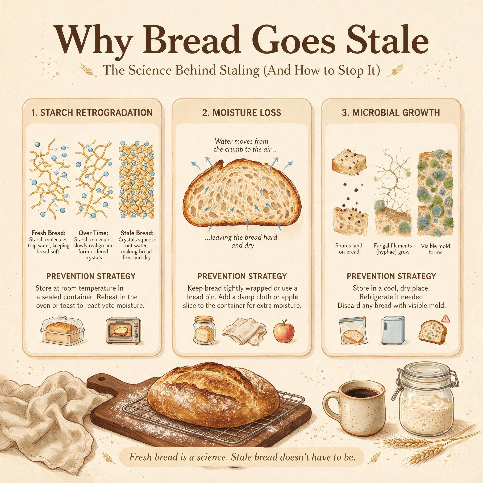 An infographic titled 'Why Bread Goes Stale' showing 3 scientific causes: starch retrogradation, moisture loss, microbia