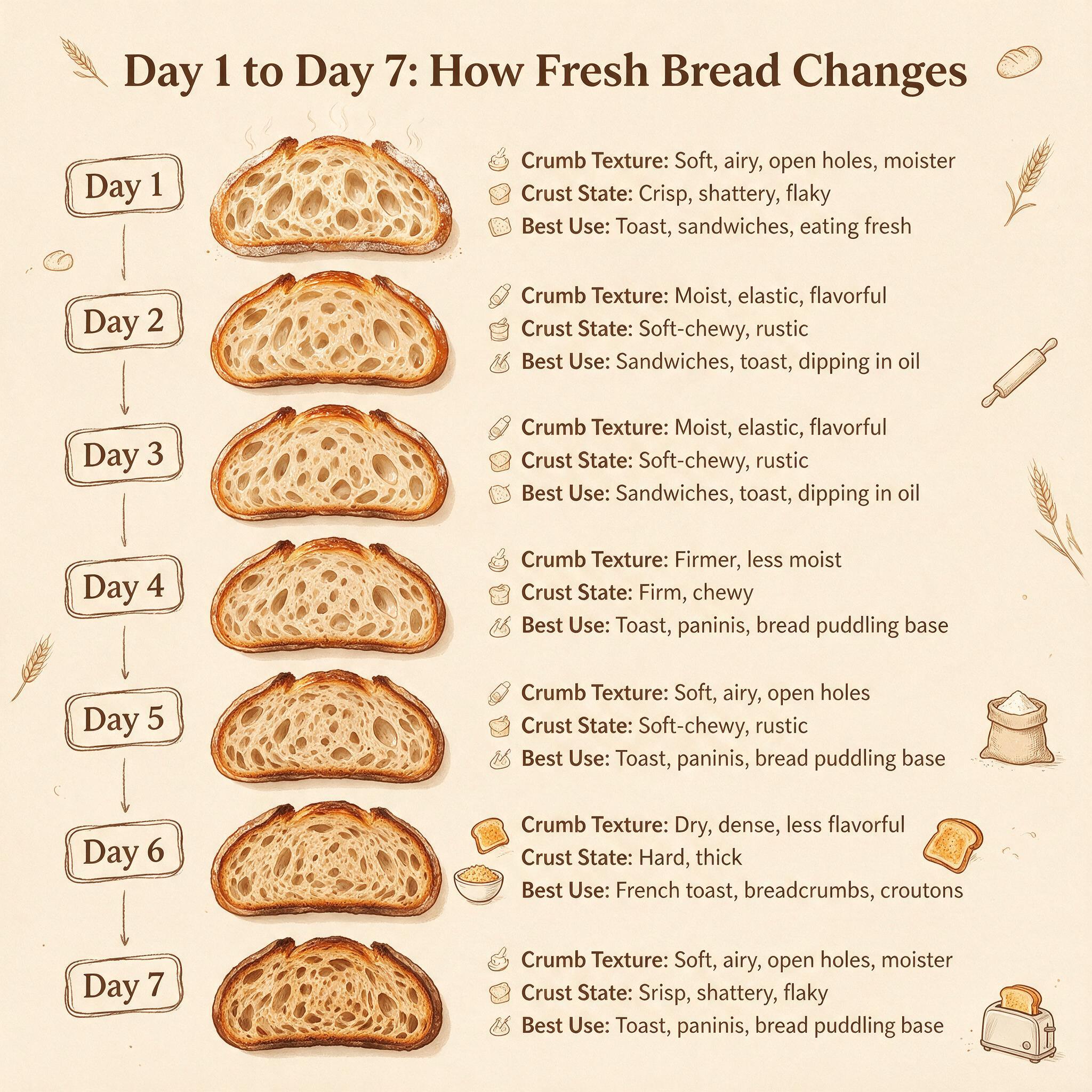 A timeline infographic titled 'Day 1 to Day 7: How Fresh Bread Changes' showing 7 stages