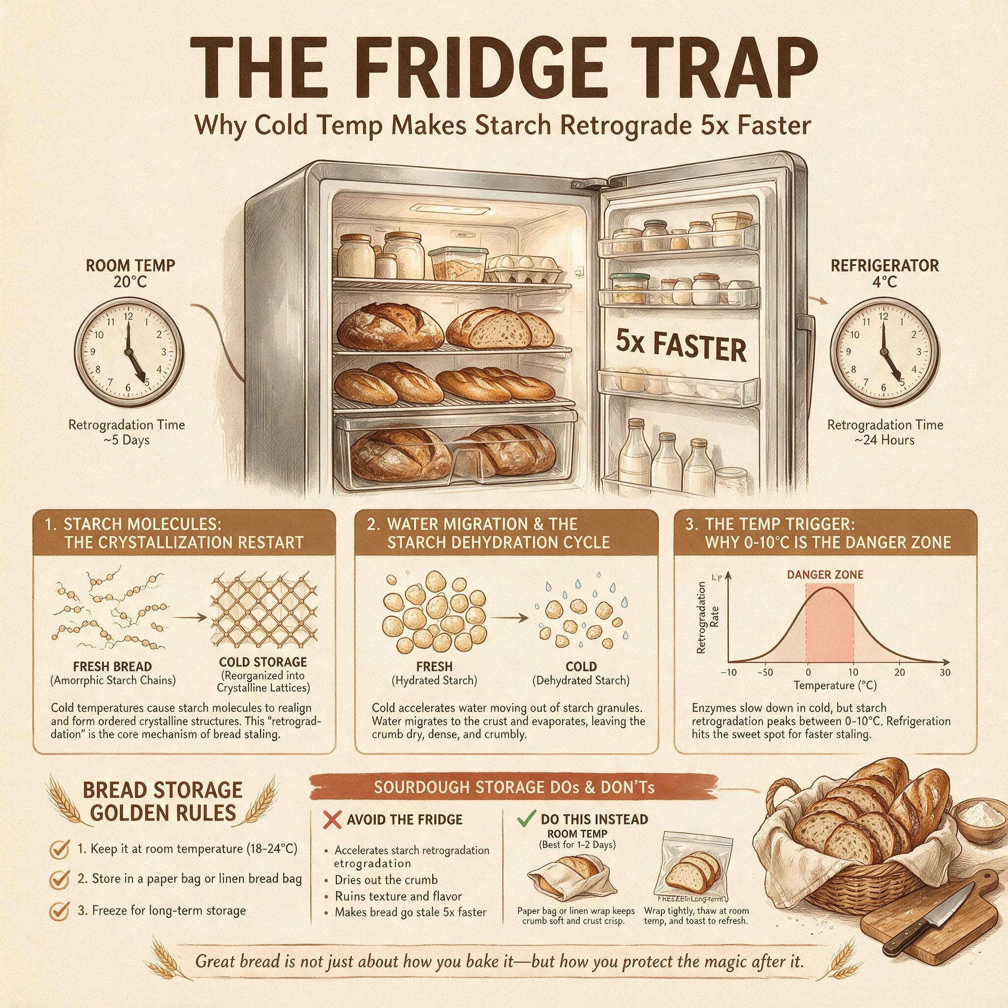 An infographic titled 'The Fridge Trap' showing what happens inside a refrigerator: starch retrogrades 5x faster