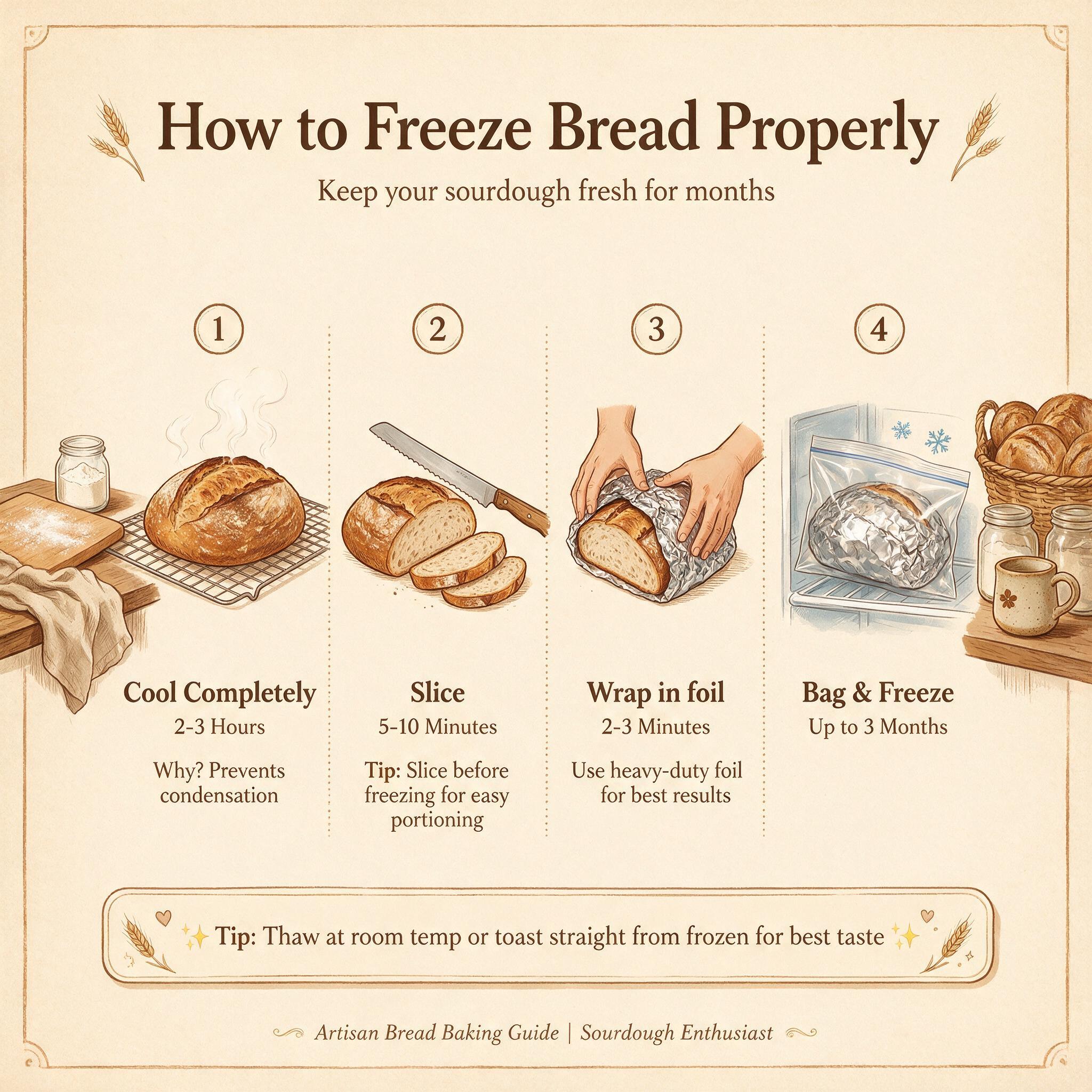 A freezing infographic titled 'How to Freeze Bread Properly' showing 4 illustrated steps: cool completely, slice, wrap i