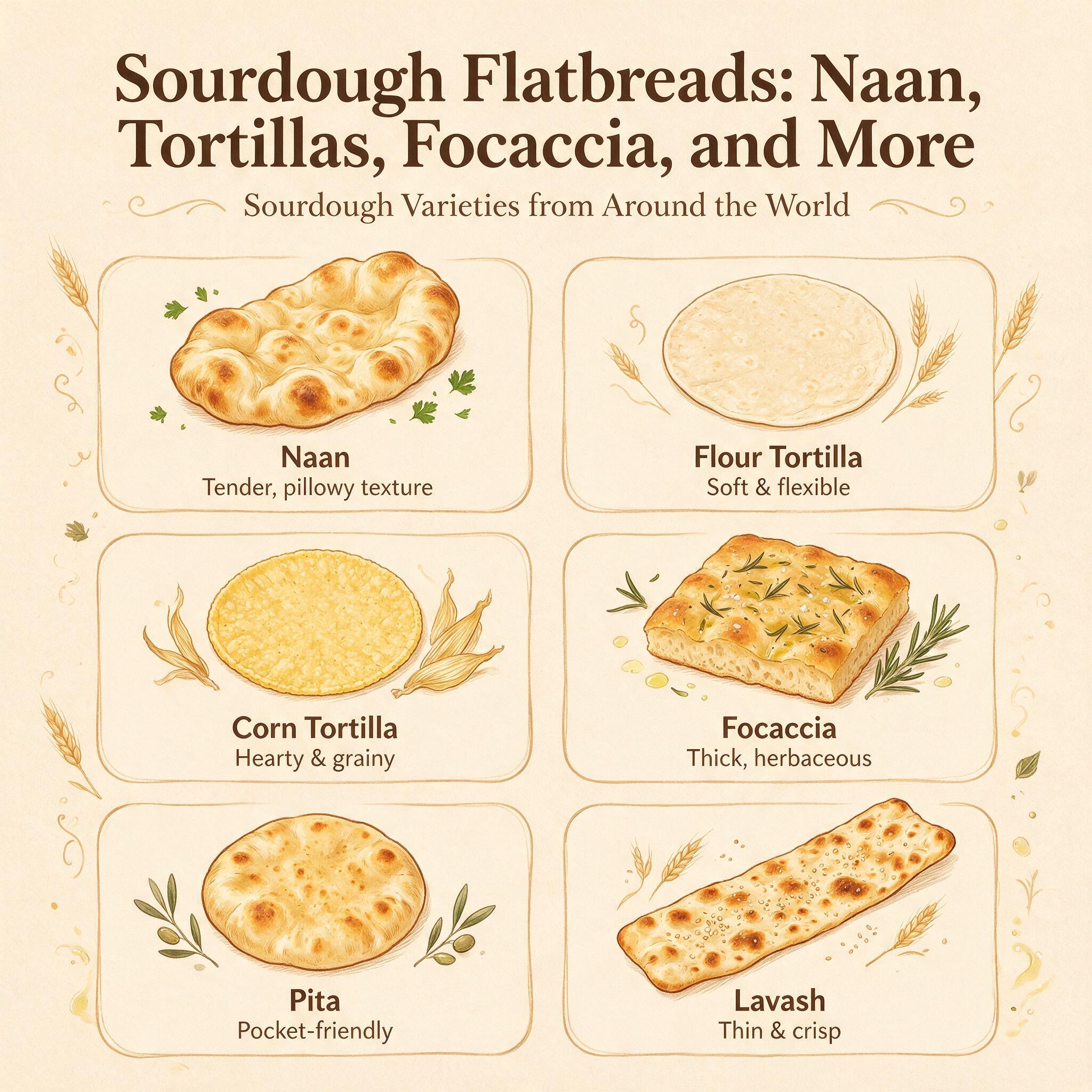 An infographic titled 'Sourdough Flatbreads: Naan, Tortillas, Focaccia, and More' showing 6 illustrated flatbreads arran