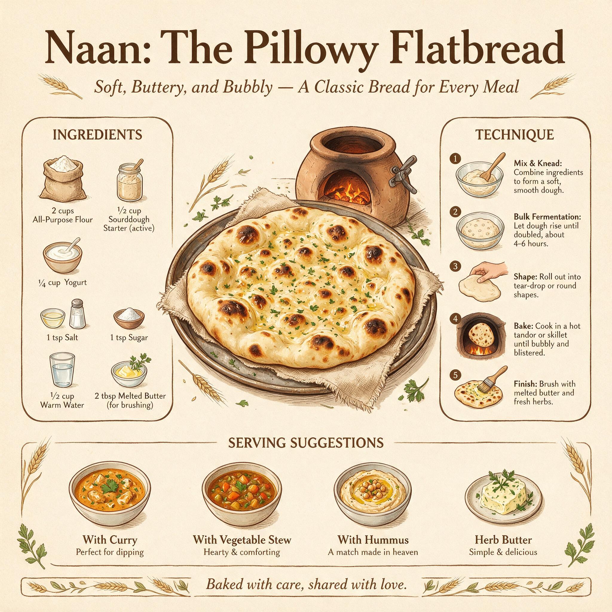 An infographic titled 'Naan: The Pillowy Flatbread' showing an illustrated naan with charred bubbles