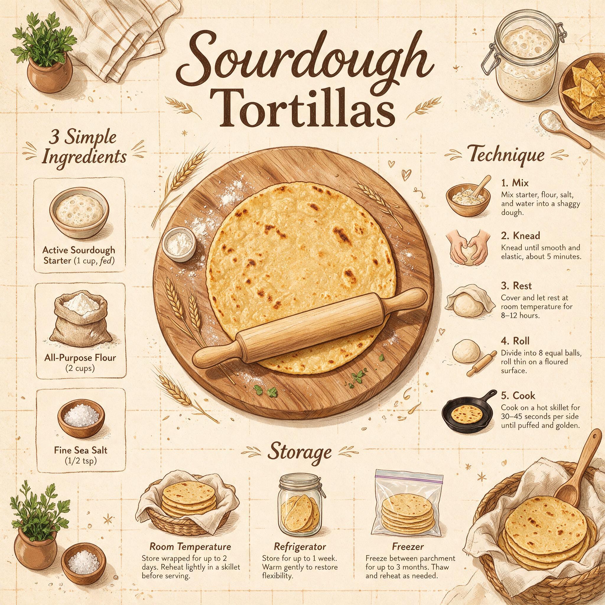 An infographic titled 'Sourdough Tortillas' showing an illustrated tortilla with rolling pin