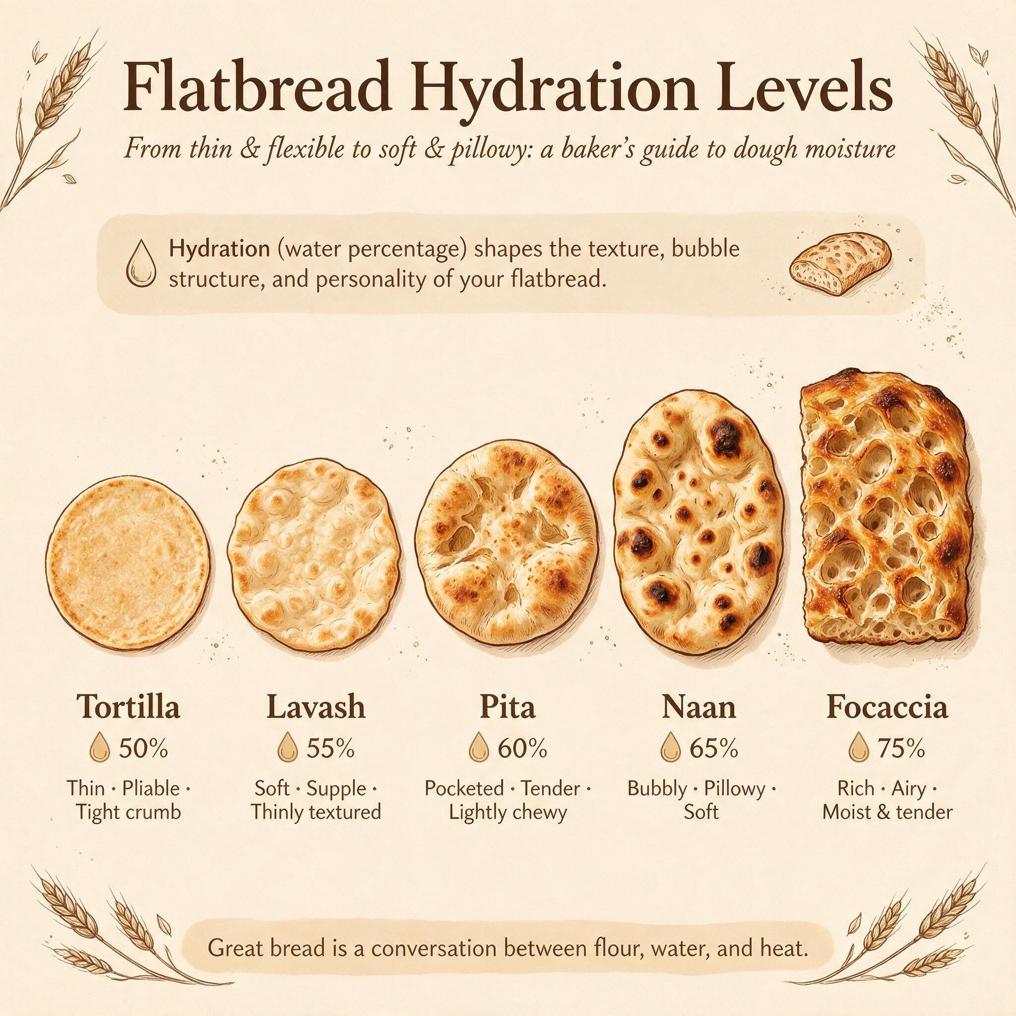 A comparison chart infographic titled 'Flatbread Hydration Levels' showing 4 flatbreads: tortilla (50%), lavash (55%), p