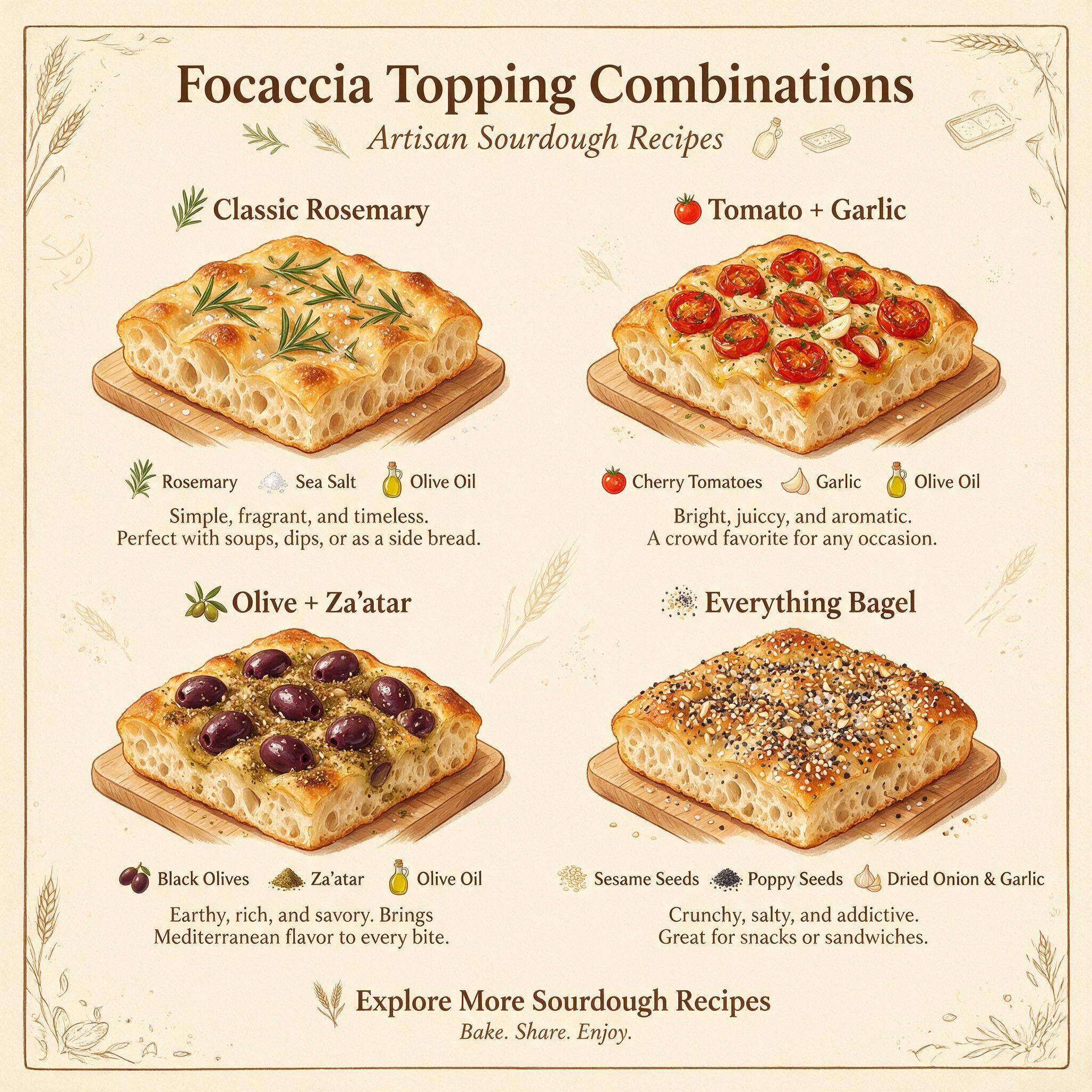 An infographic titled 'Focaccia Topping Combinations' showing 4 illustrated focaccia panels: classic rosemary, tomato-ga