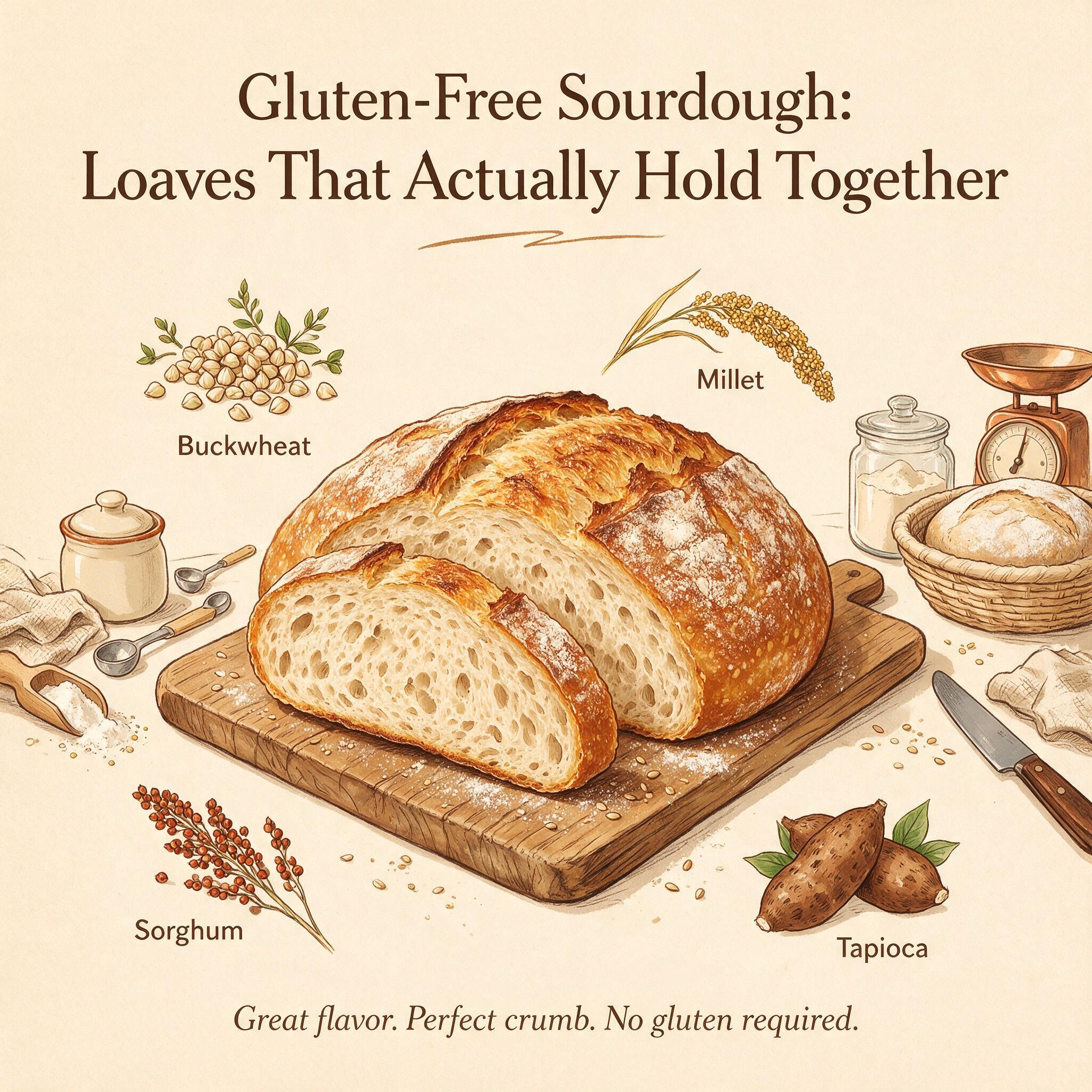 An infographic titled 'Gluten-Free Sourdough: Loaves That Actually Hold Together' showing a sliced gluten-free loaf with