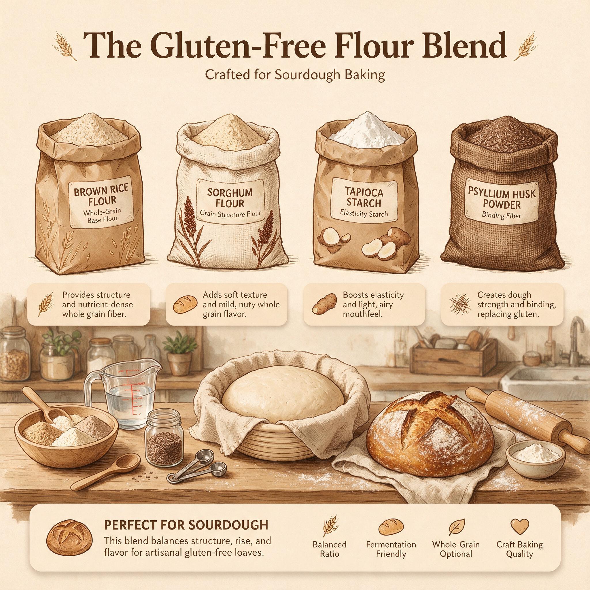 An infographic titled 'The Gluten-Free Flour Blend' showing 4 illustrated flour bags: brown rice, sorghum, tapioca, psyl