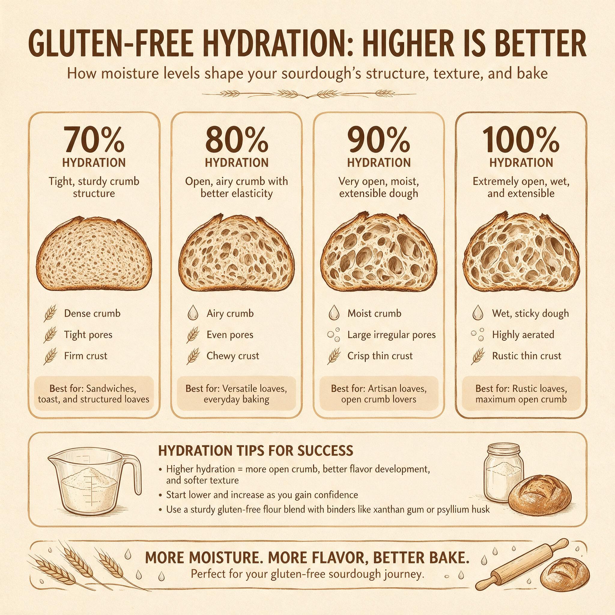 A hydration infographic titled 'Gluten-Free Hydration: Higher Is Better' showing 4 hydration levels: 70%, 80%, 90%, 100%