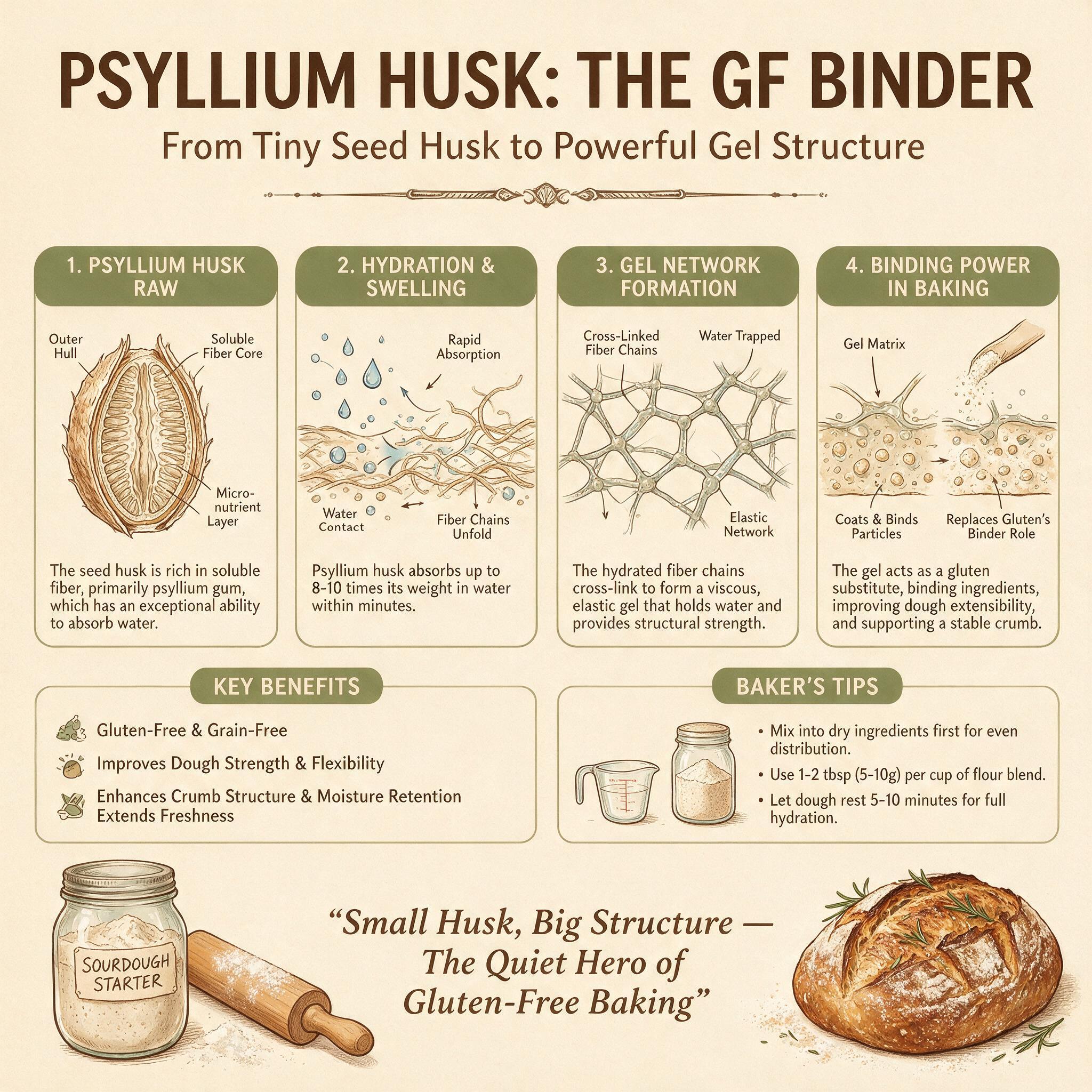 An infographic titled 'Psyllium Husk: The GF Binder' showing an illustrated psyllium husk with hydration diagram
