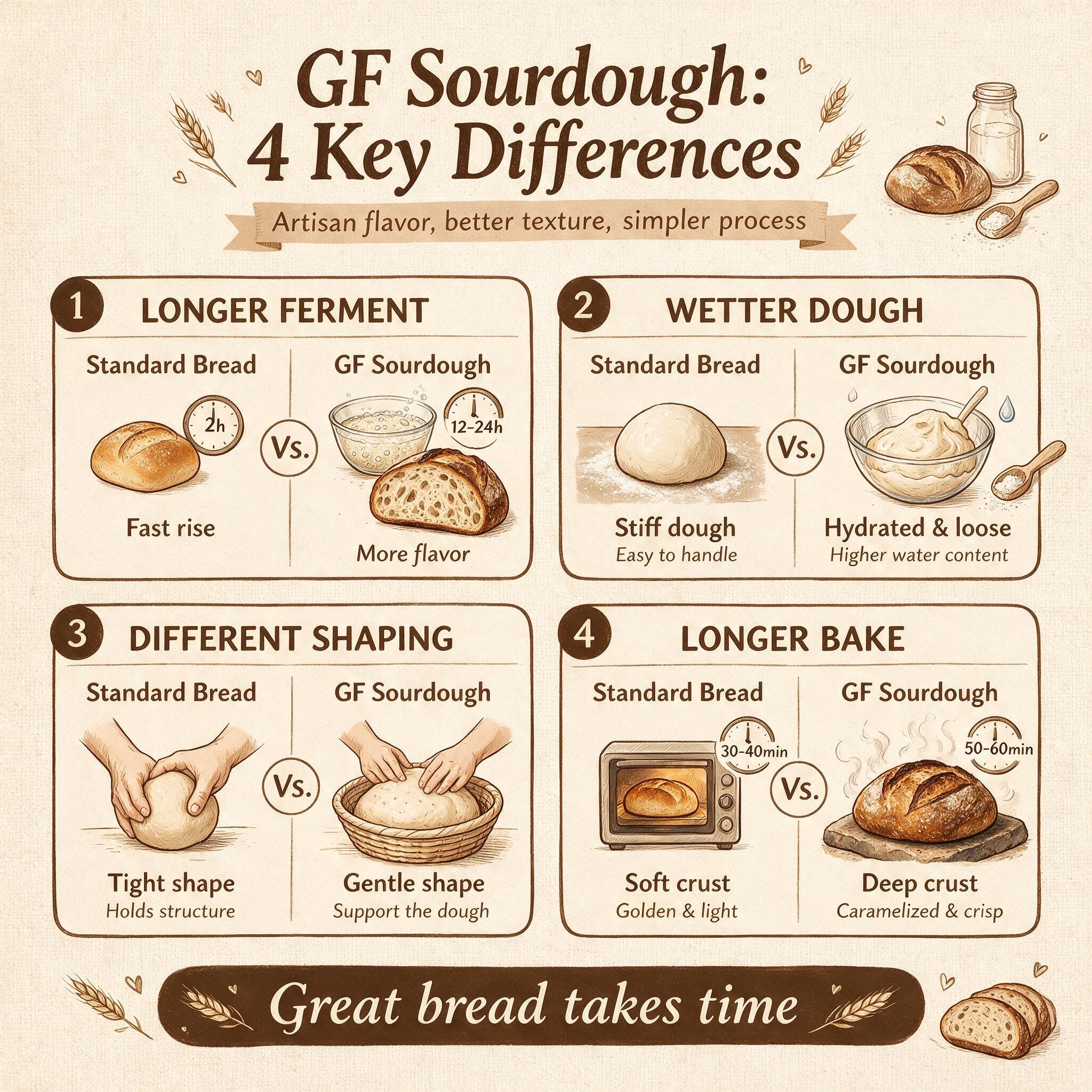 A process infographic titled 'GF Sourdough: 4 Key Differences' showing 4 illustrated panels: longer ferment, wetter doug
