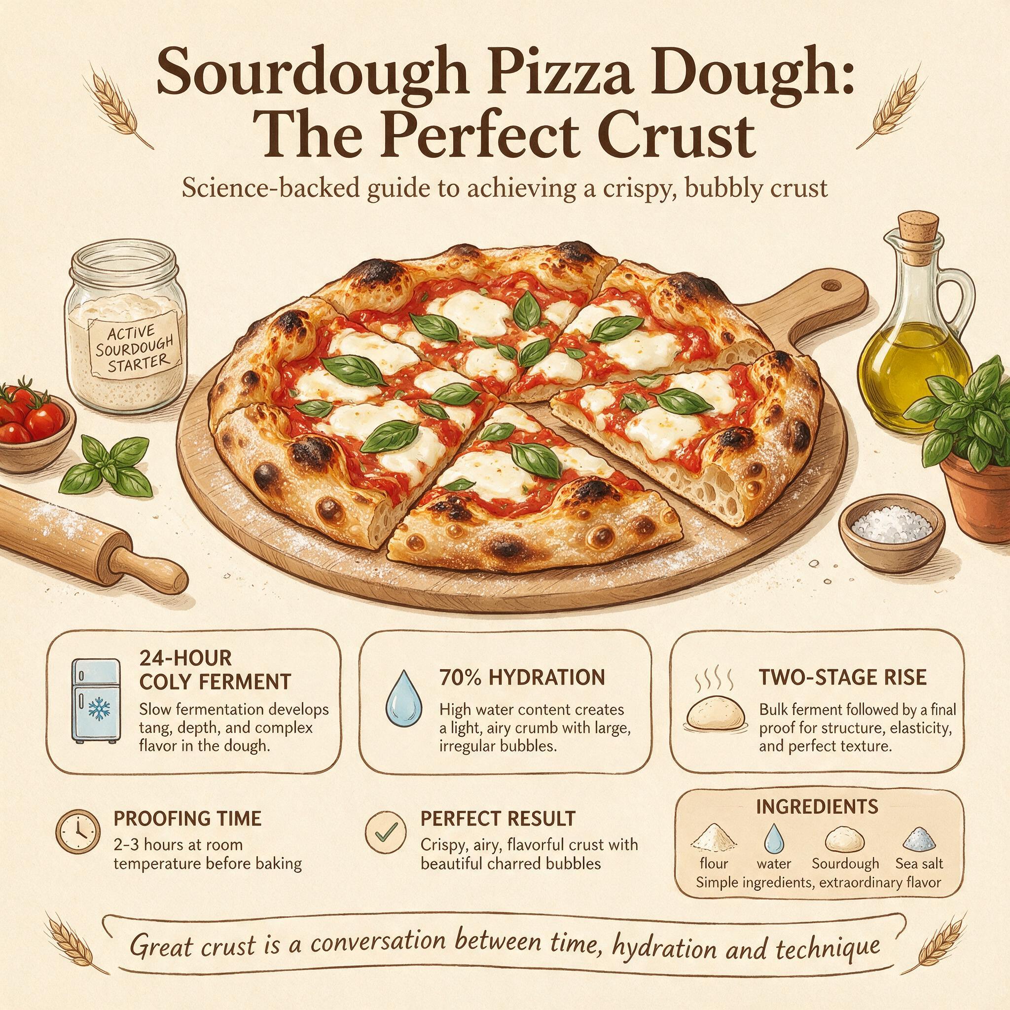 An infographic titled 'Sourdough Pizza Dough: The Perfect Crust' showing a sliced pizza with bubble char
