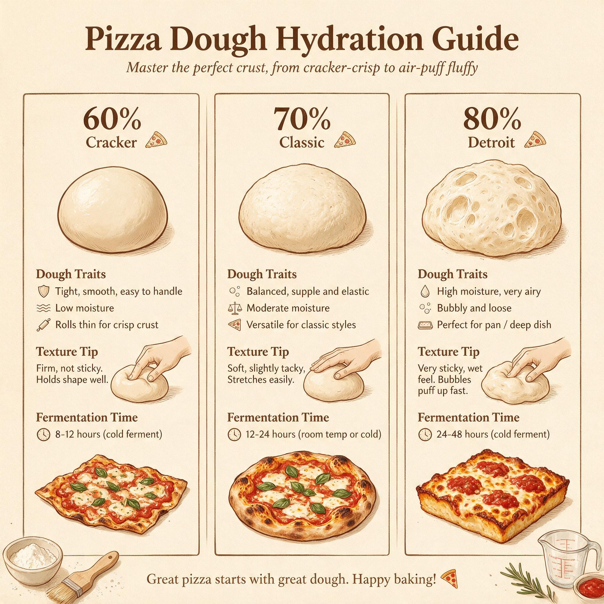 An infographic titled 'Pizza Dough Hydration Guide' showing 3 hydration levels: 60% (cracker), 70% (classic), 80% (Detro