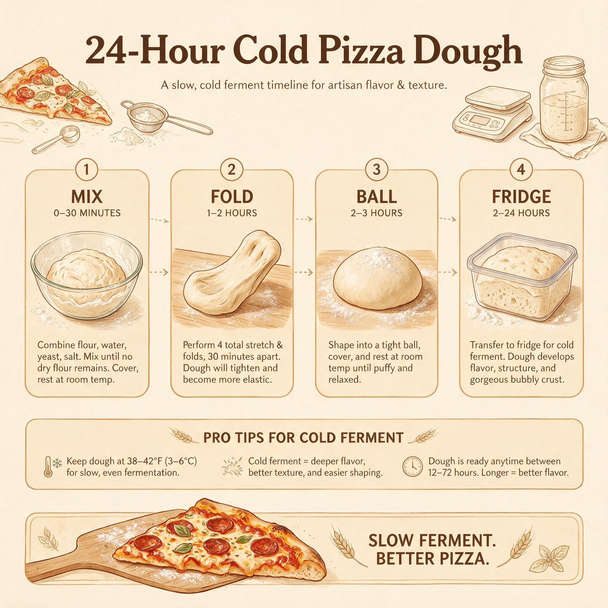 A timeline infographic titled '24-Hour Cold Pizza Dough' showing 4 stages: mix, fold, ball, fridge