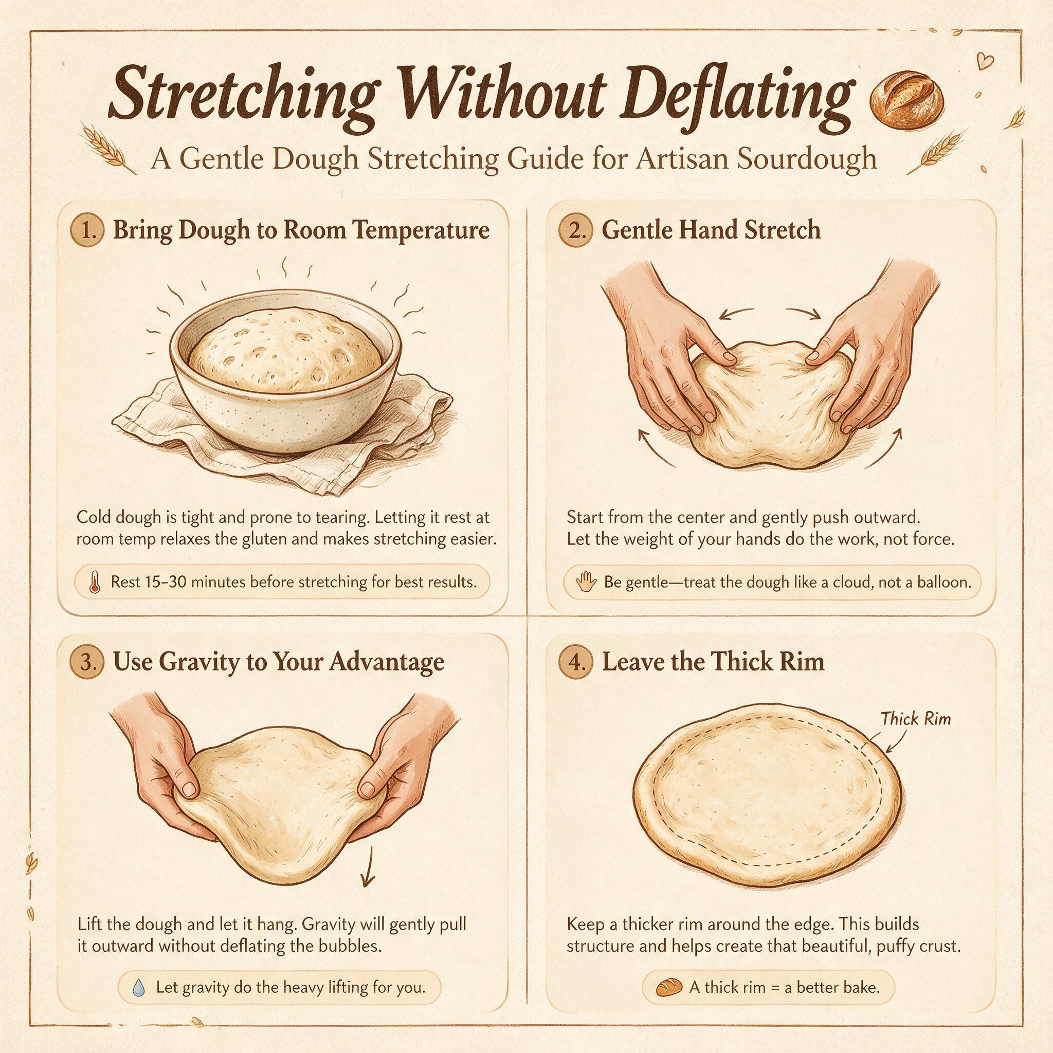 An infographic titled 'Stretching Without Deflating' showing 4 illustrated steps: room temp dough, hand stretch, gravity