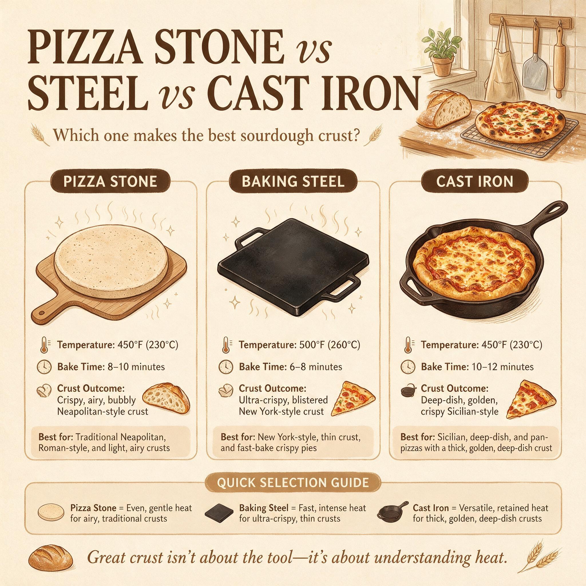A baking infographic titled 'Pizza Stone vs Steel vs Cast Iron' showing 3 cookware illustrations with temperature, timin