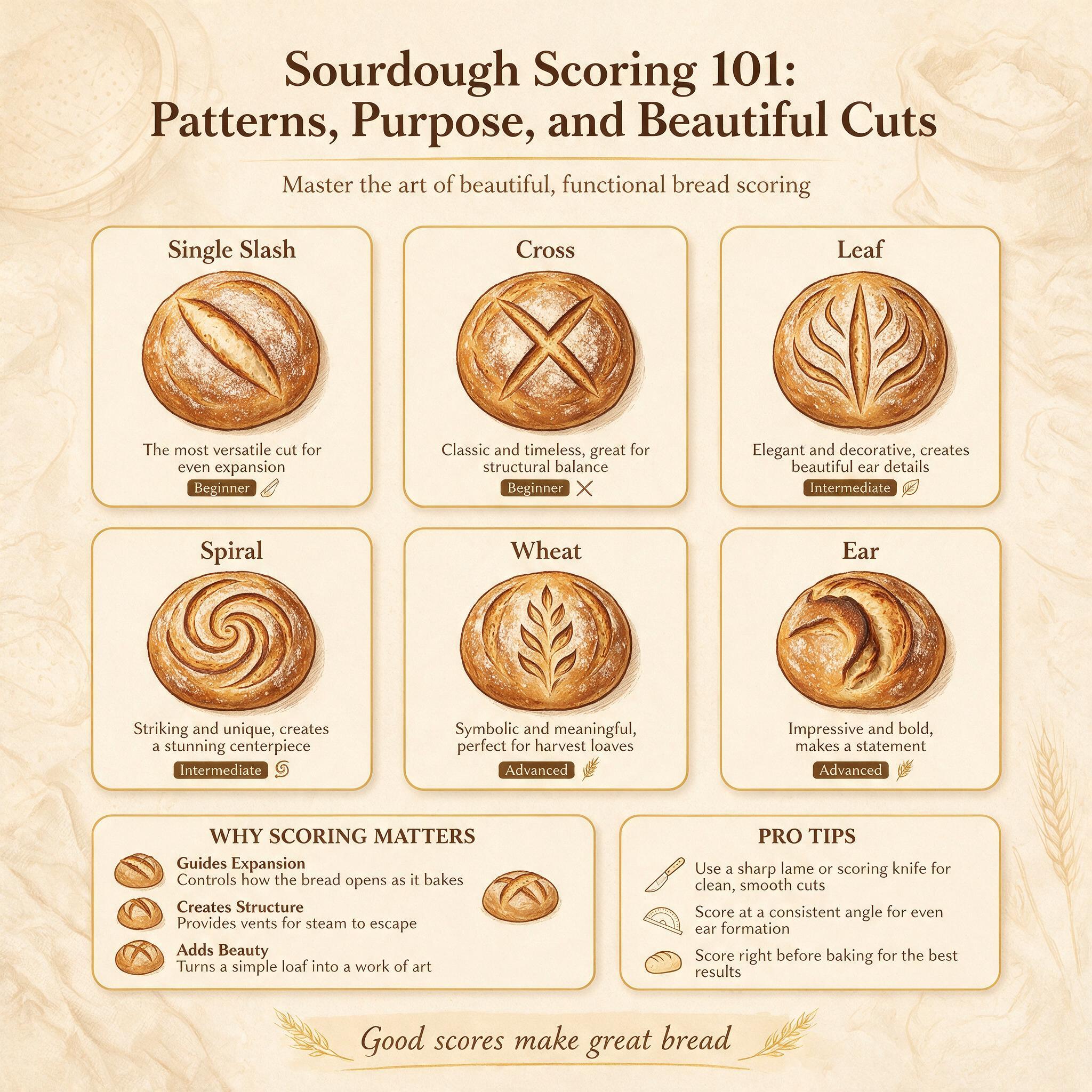 An infographic titled 'Sourdough Scoring 101: Patterns, Purpose, and Beautiful Cuts' showing 6 illustrated scoring patte