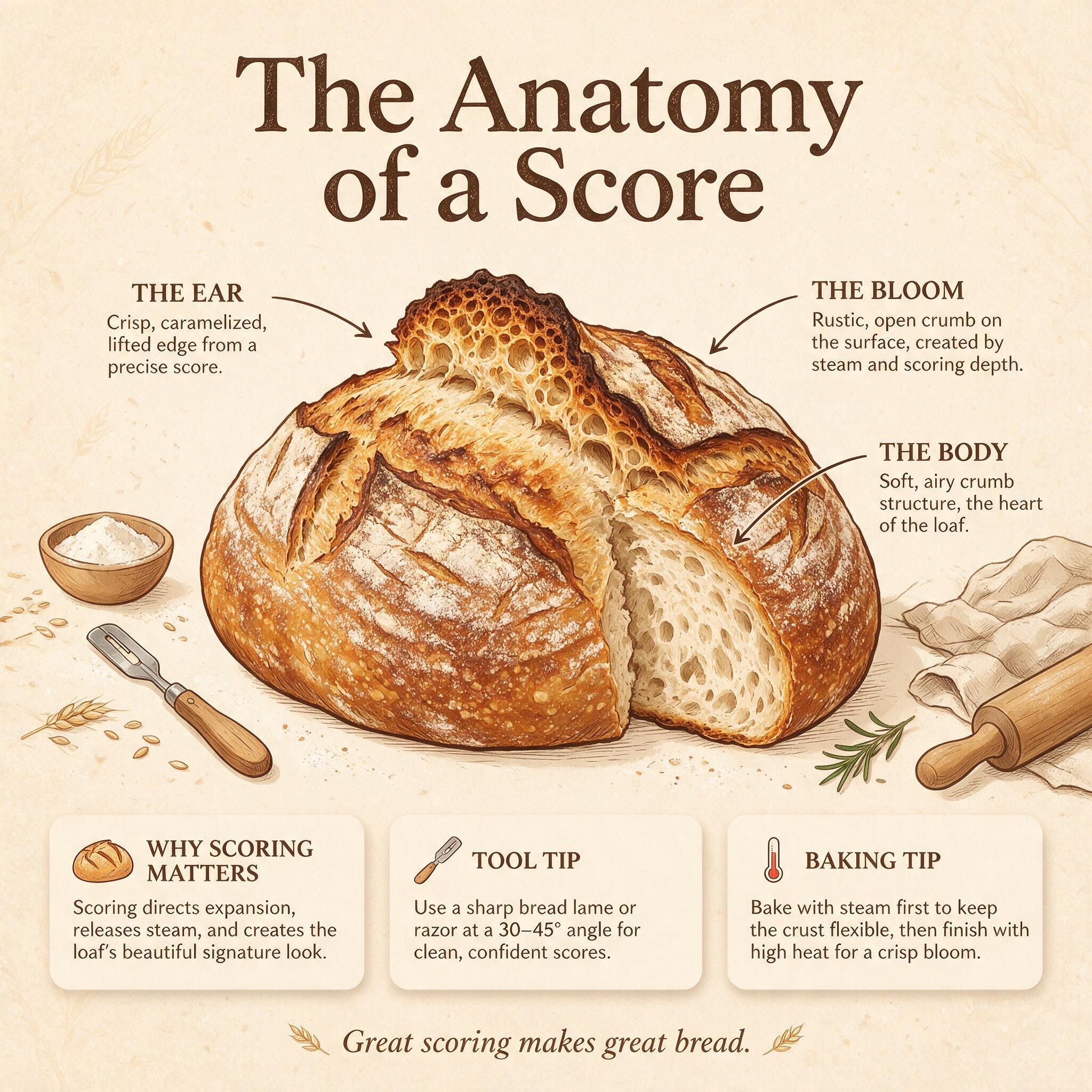 An infographic titled 'The Anatomy of a Score' showing a scored loaf with the ear, the bloom, and the body labeled