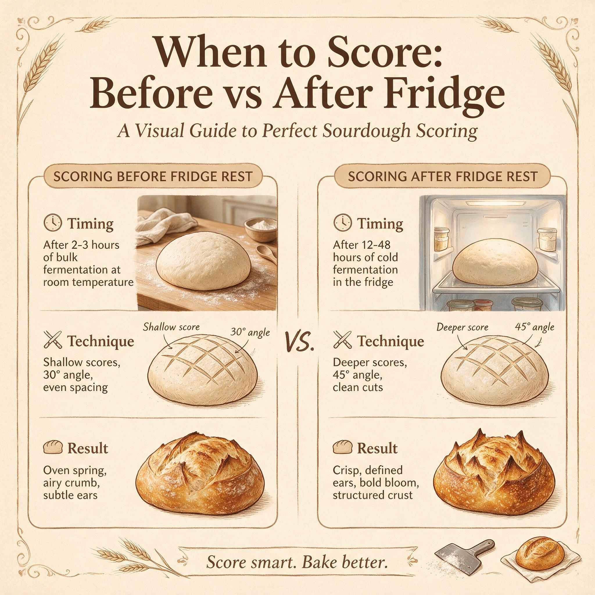 An infographic titled 'When to Score: Before vs After Fridge' showing 2 illustrated scenarios