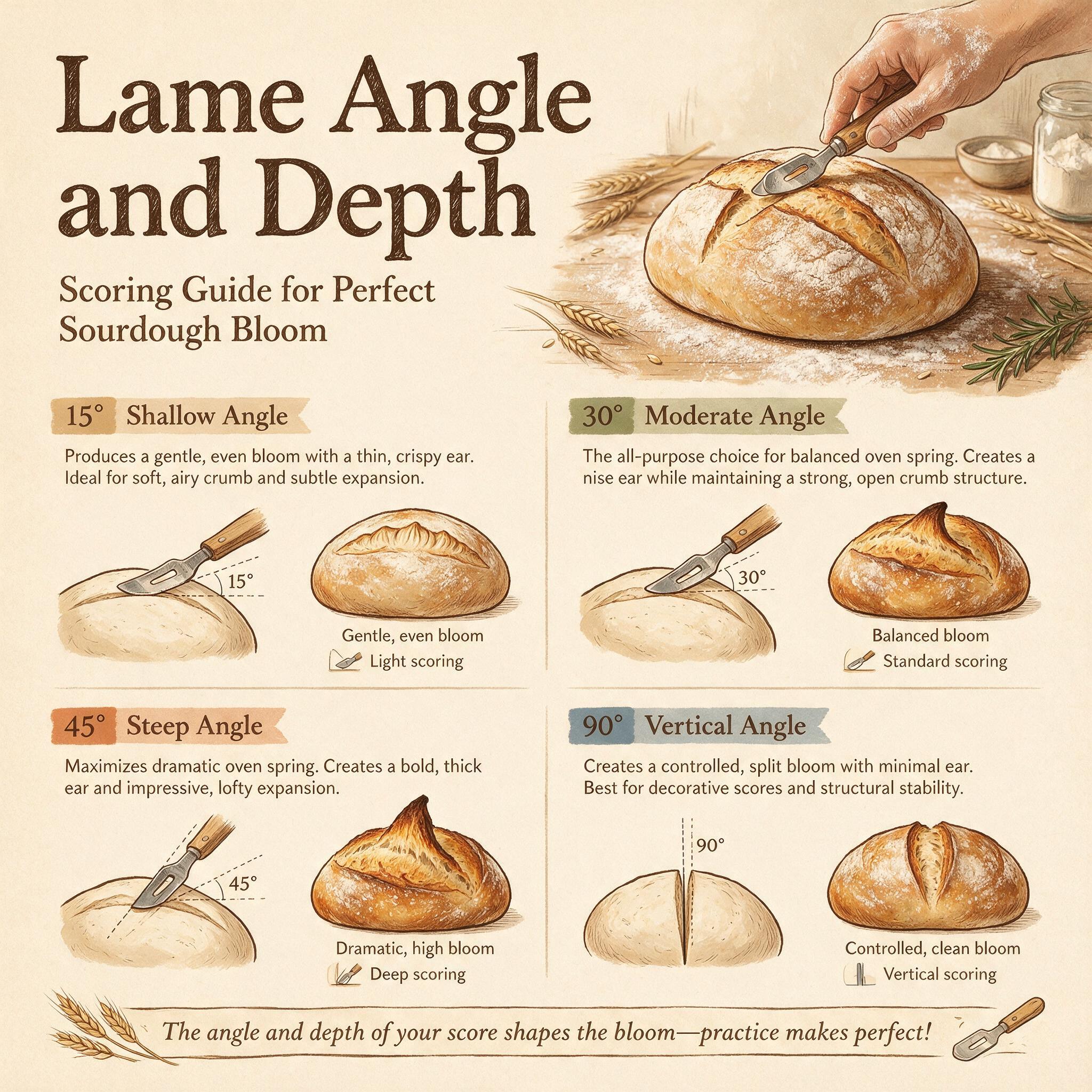 A chart infographic titled 'Lame Angle and Depth' showing 4 angles: 15°, 30°, 45°, 90°
