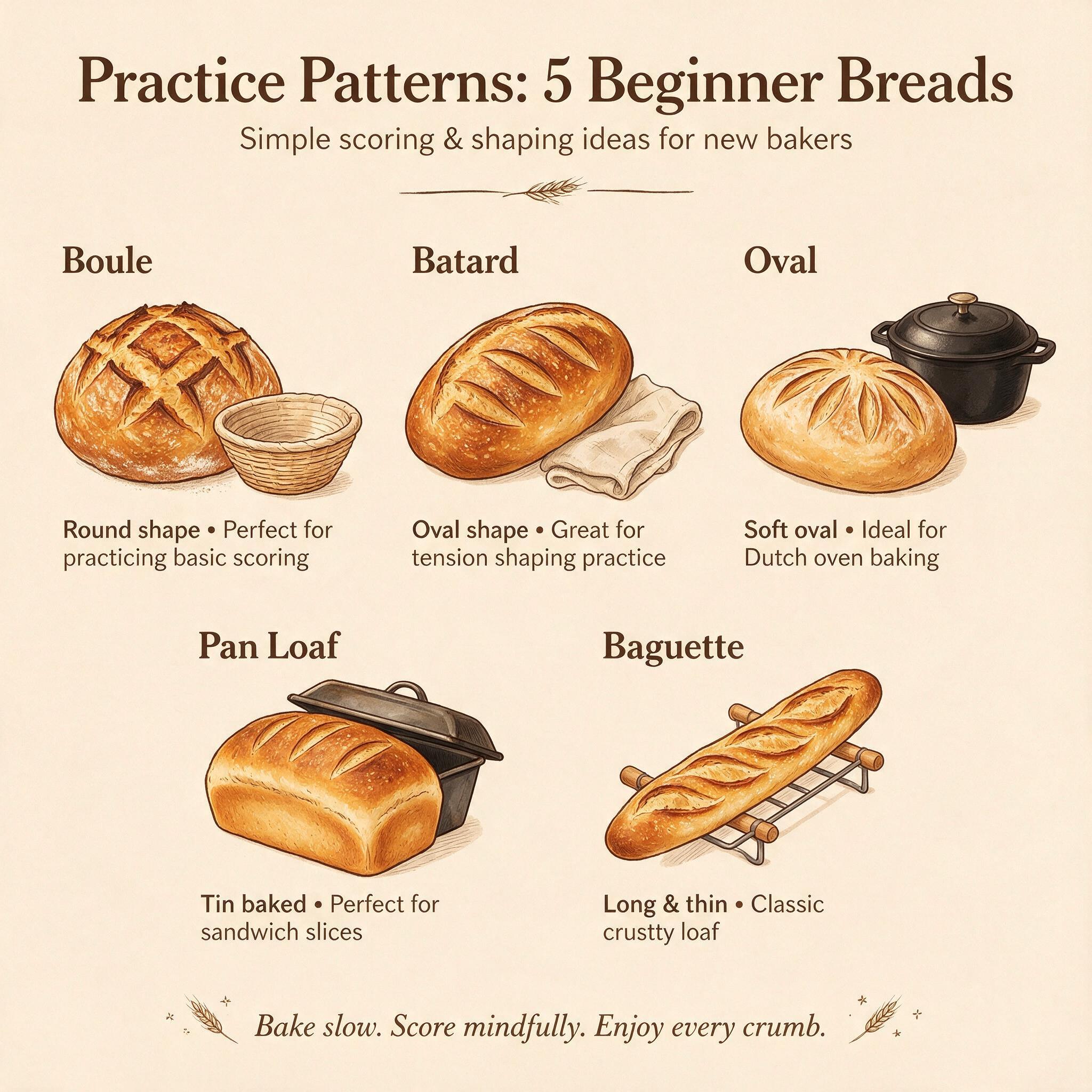 An infographic titled 'Practice Patterns: 5 Beginner Breads' showing 5 illustrated pattern suggestions with bread types: