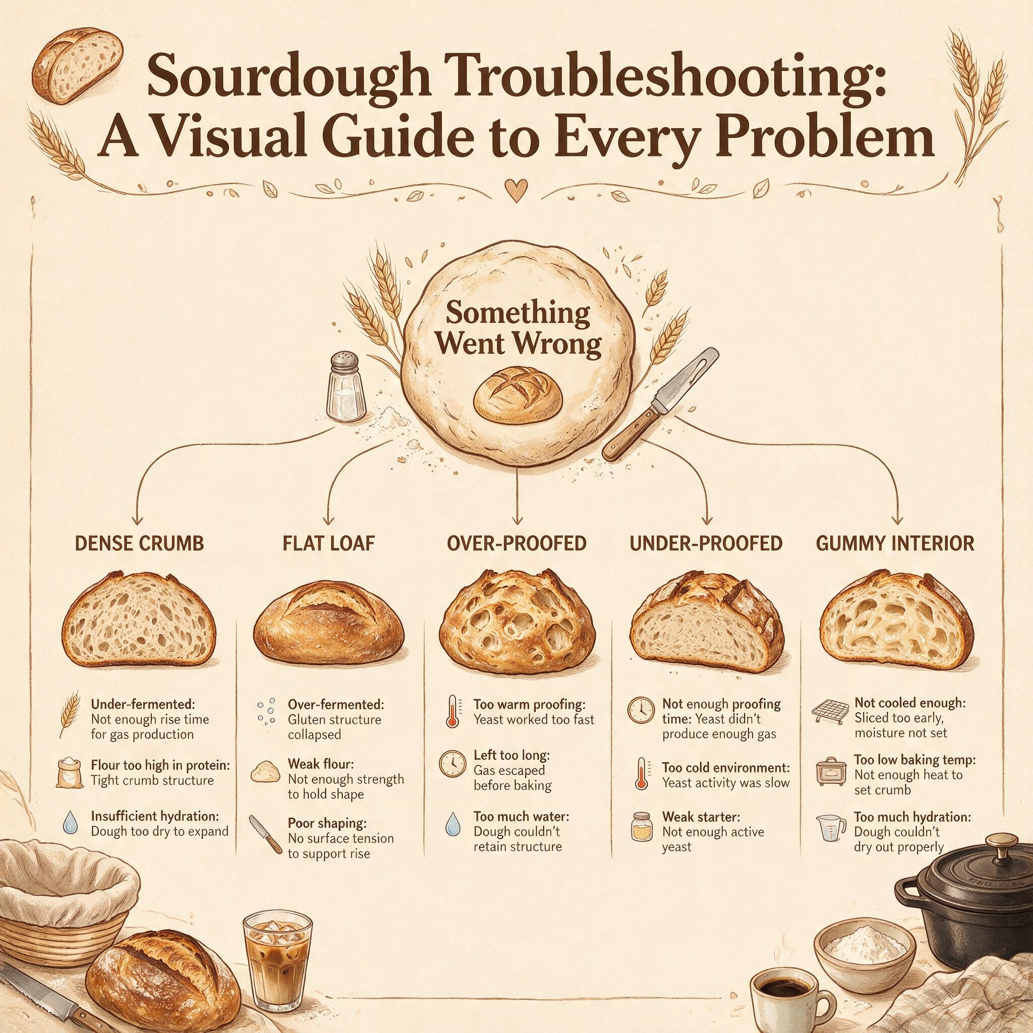 A flowchart infographic titled 'Sourdough Troubleshooting: A Visual Guide to Every Problem' starting with 'Something Wen
