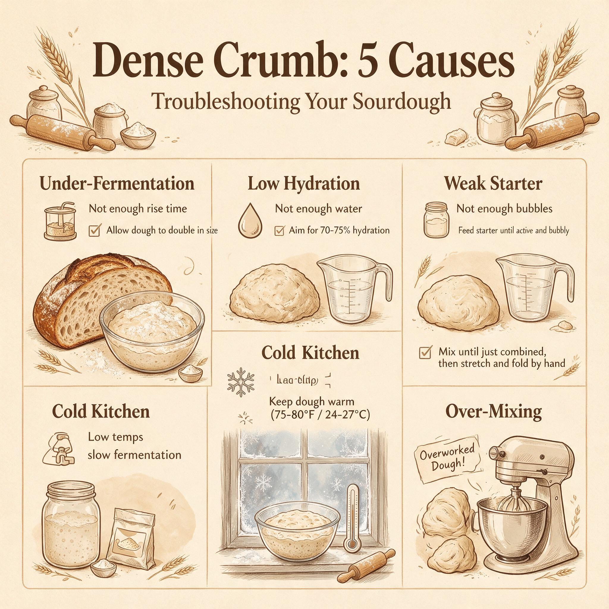 An infographic titled 'Dense Crumb: 5 Causes' showing 5 possible causes with fixes: under-fermentation, low hydration, w