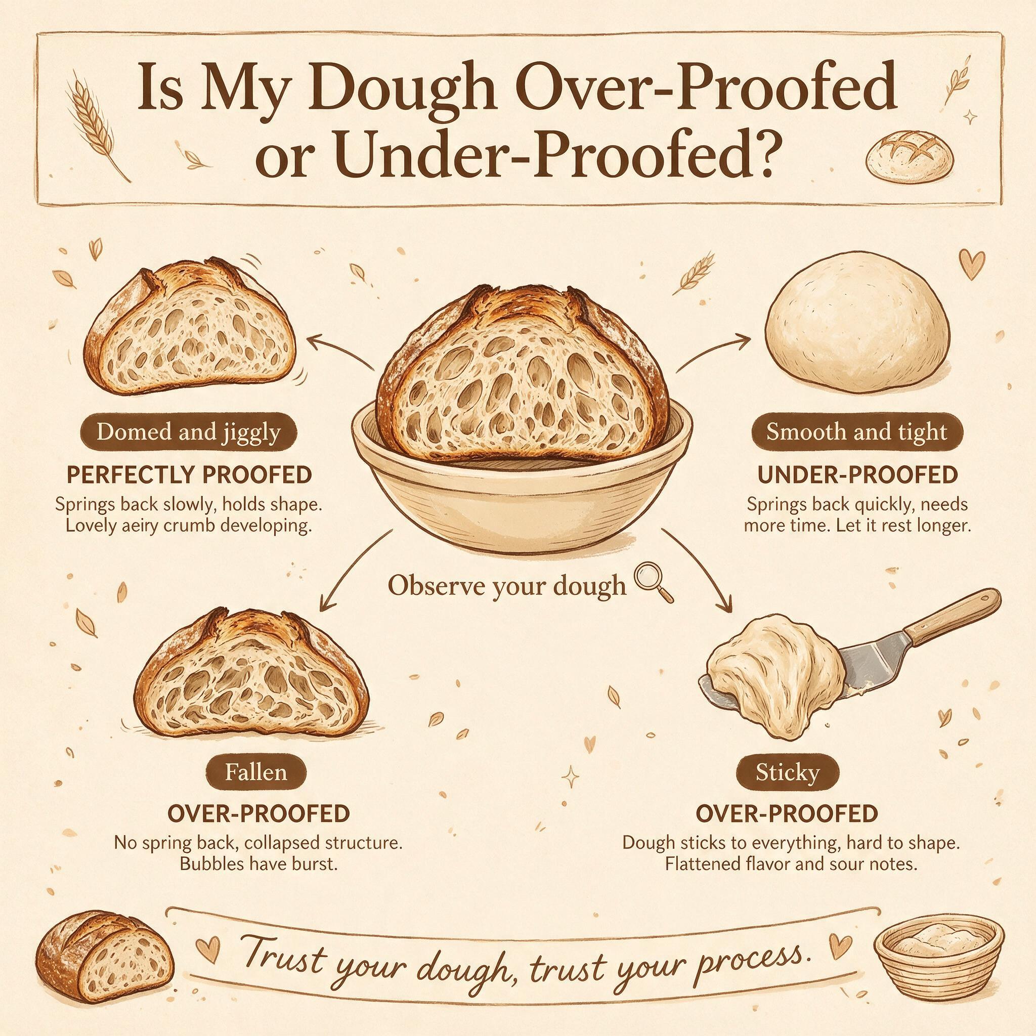 A flowchart titled 'Is My Dough Over-Proofed or Under-Proofed?' with branching questions: domed and jiggly, smooth and t