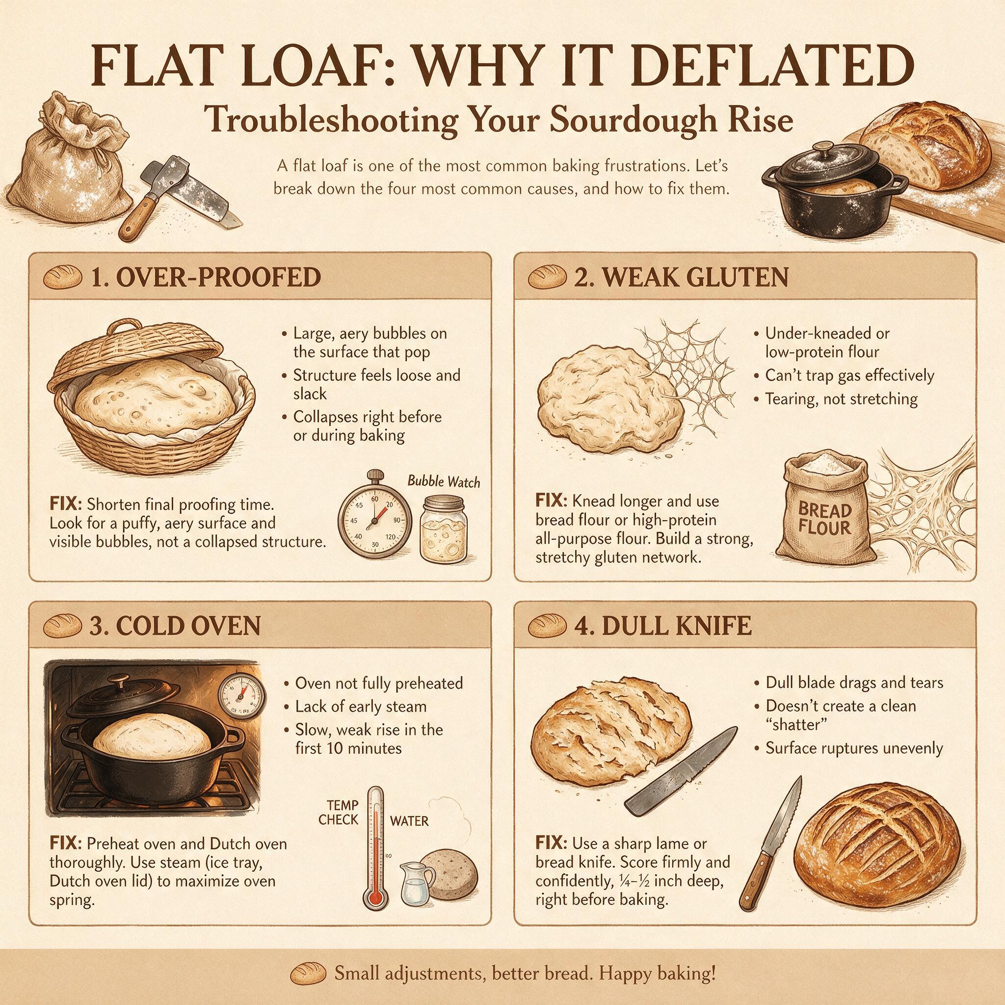 An infographic titled 'Flat Loaf: Why It Deflated' showing 4 causes: over-proofed, weak gluten, cold oven, knife too dul